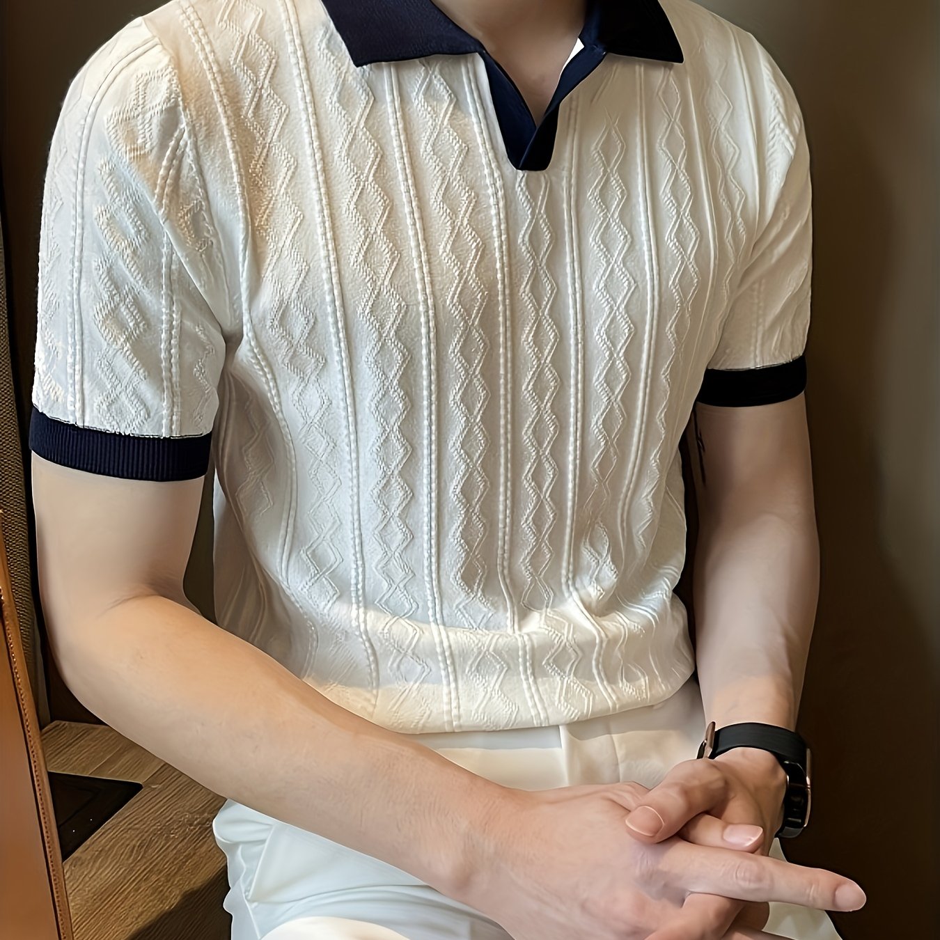 Men's Summer Slim Fit Contrast Collar Short Sleeve Knit Sweater
