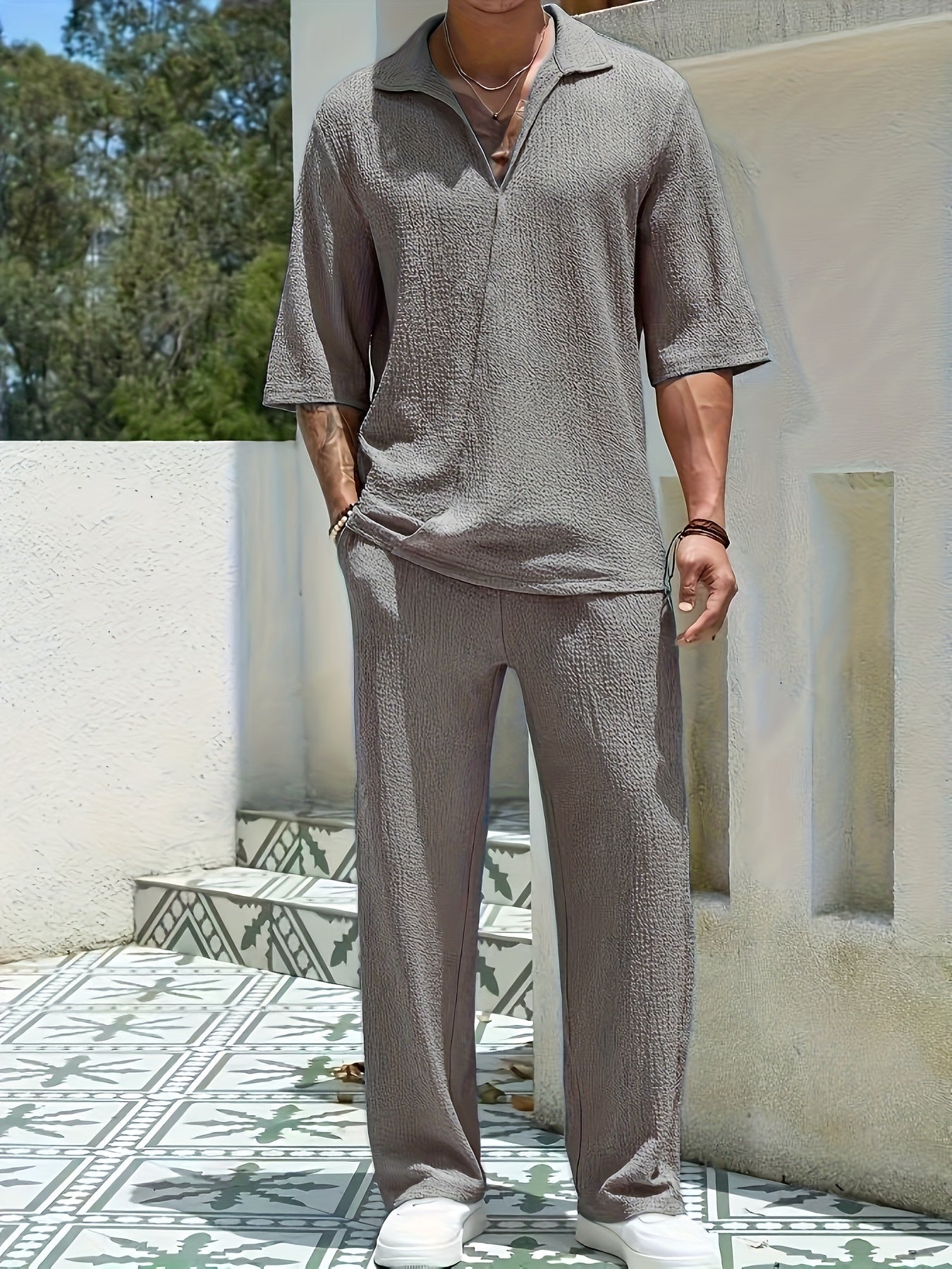 Summer Men's Casual Loose Short Sleeve Long Pants Turnover Collar Two-piece Set