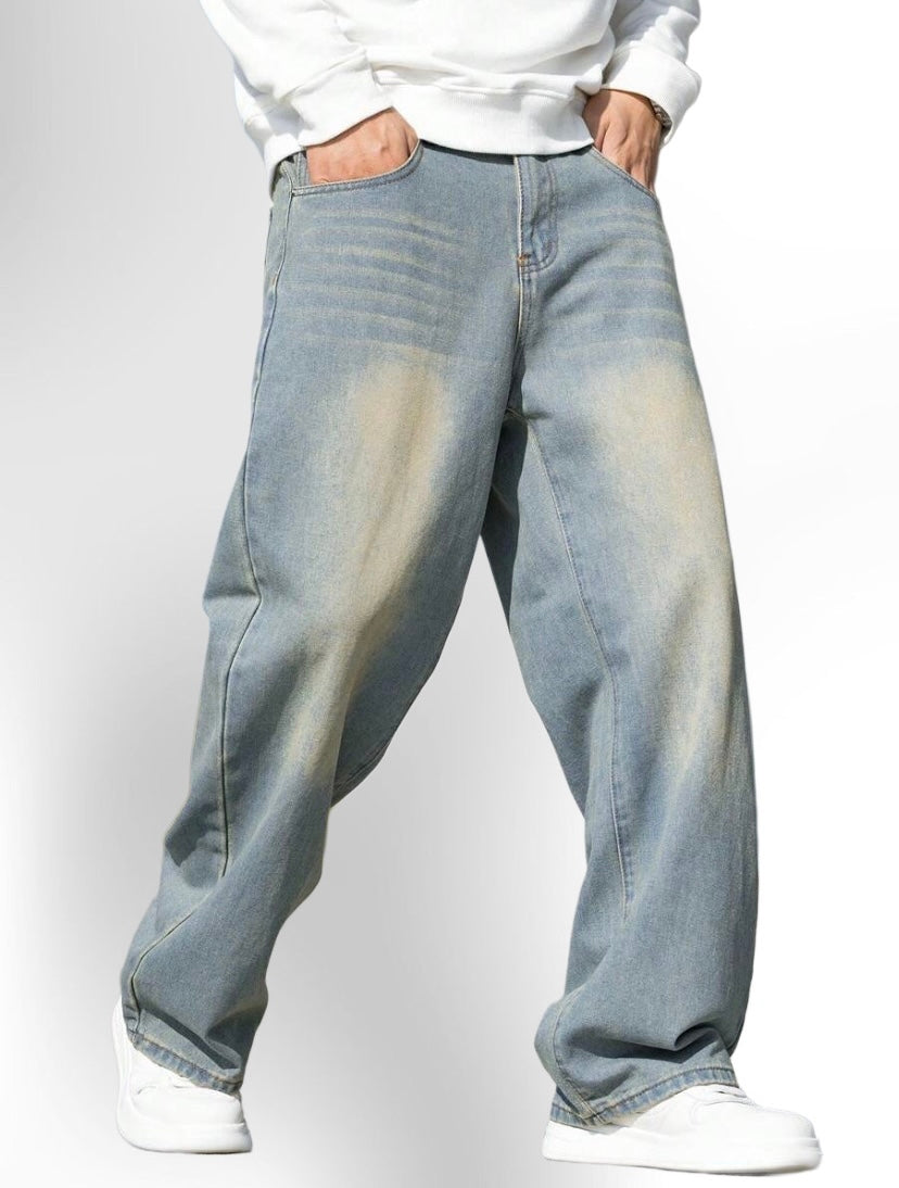 Men's Whiskered Slanted Pocket Denim Baggy Jeans