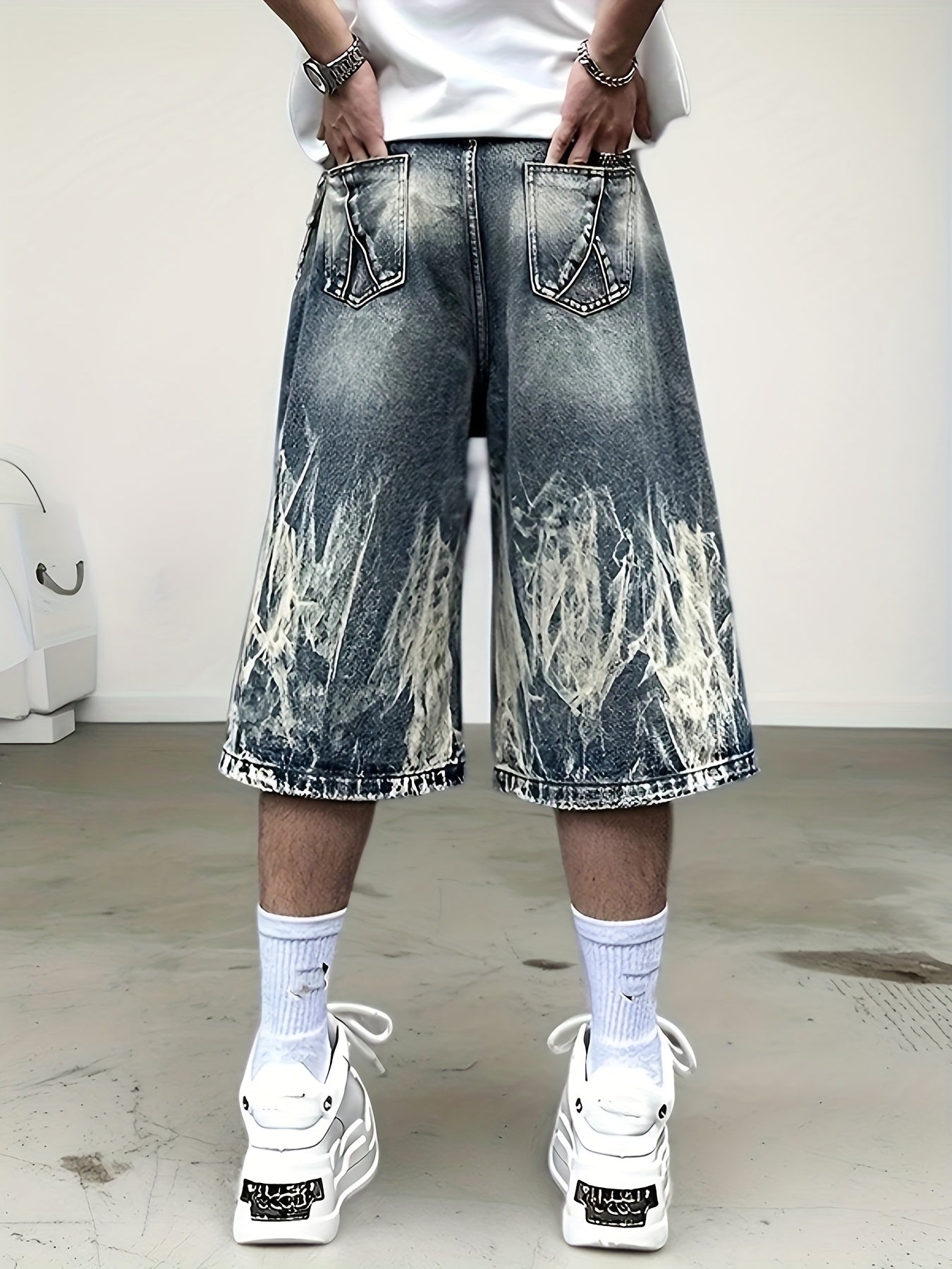 Men'S Punk-Inspired Loose Fit Denim Shorts