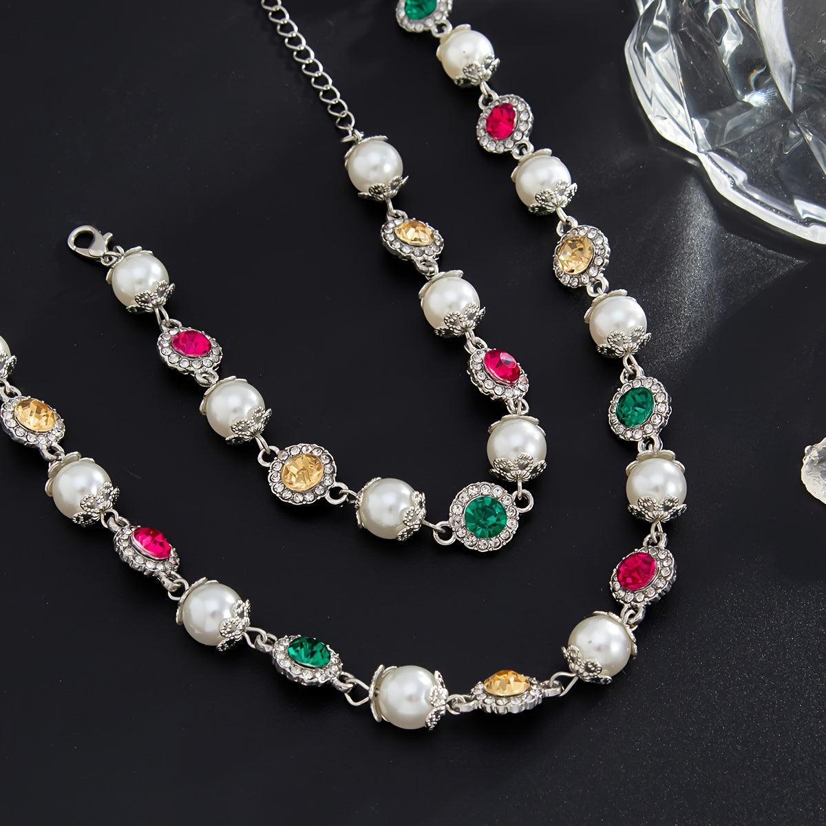 Colored Imitation Pearl Necklace and Bracelet