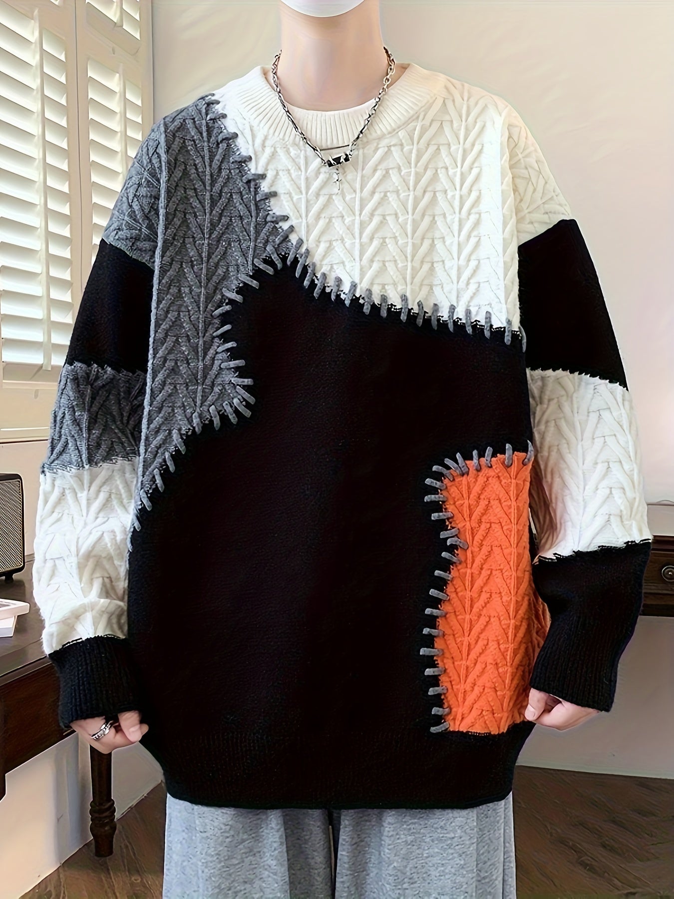 Men's Color-Block Cable Knit Sweater
