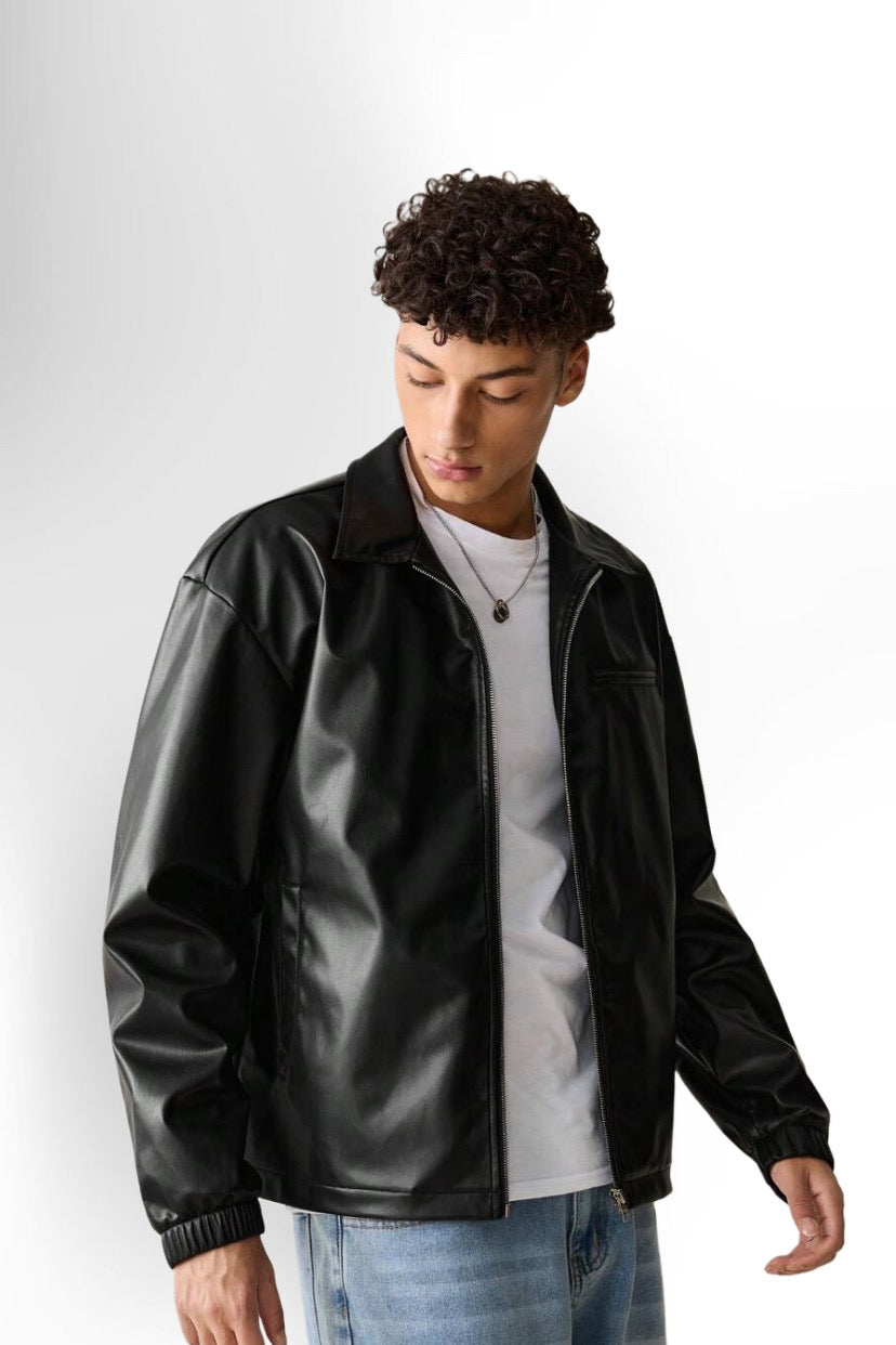 Men's Casual PU Leather Fitted Long Sleeve Men Jacket