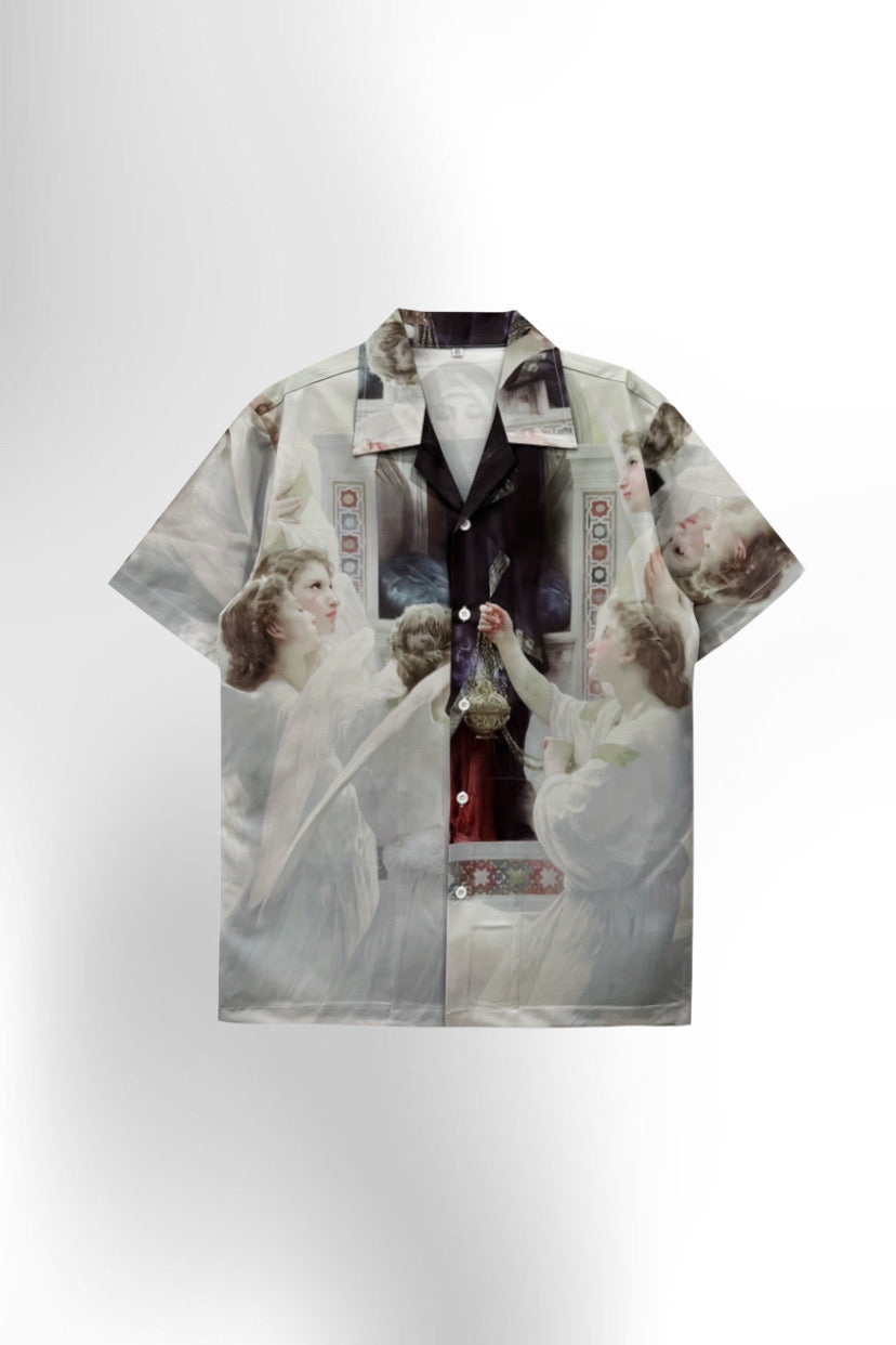 Men's Angelic Choir & Floral Print Short Sleeve Shirt