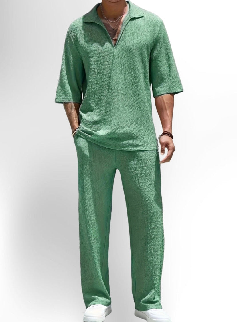 Summer Men's Casual Loose Short Sleeve Long Pants Turnover Collar Two-piece Set