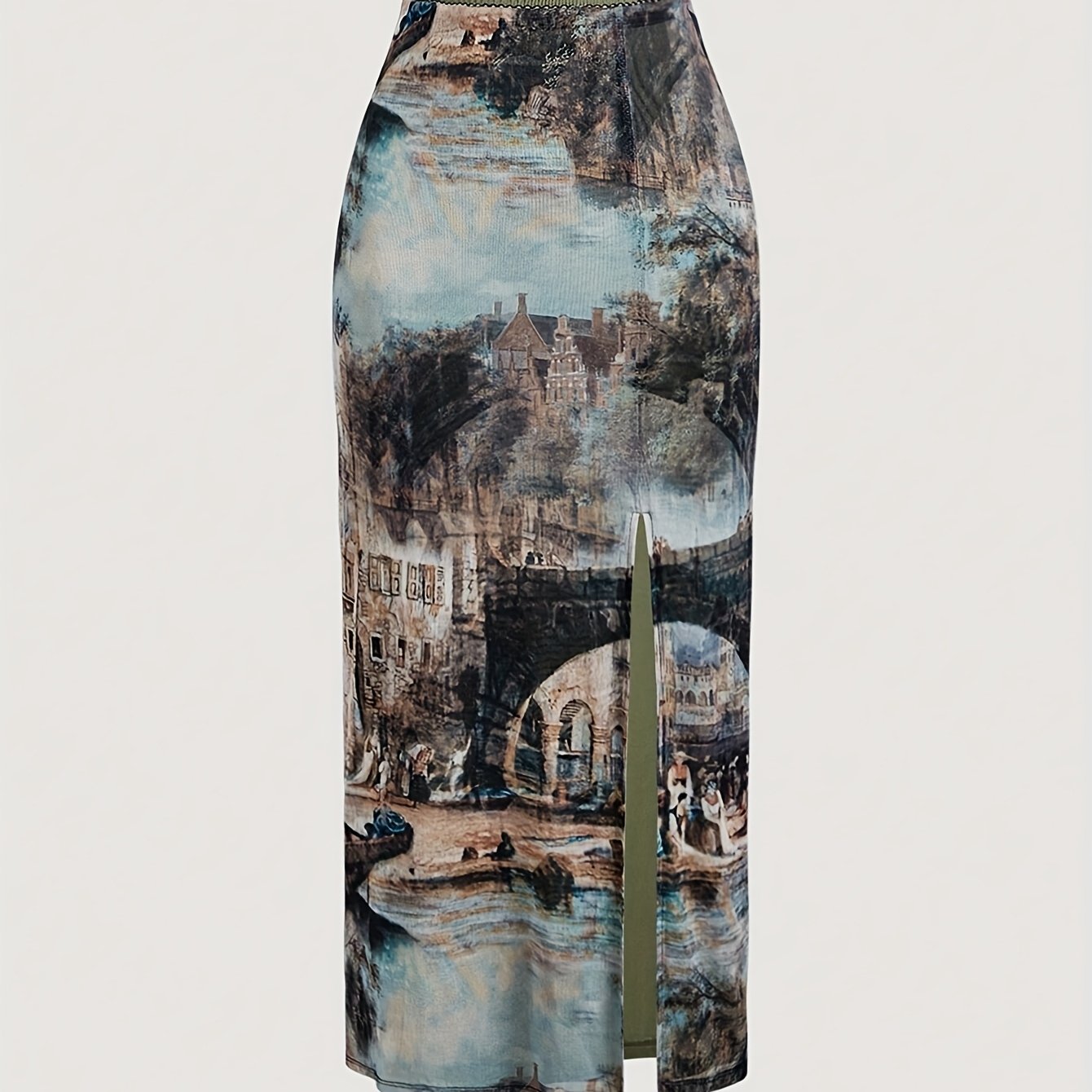 Women's Vintage Oil Painting Print Slim-Fit Skirt