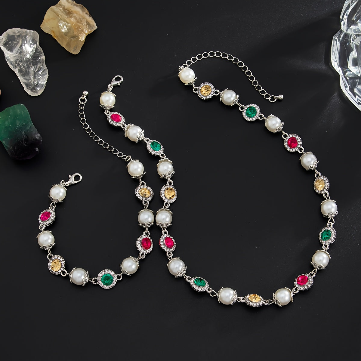 Colored Imitation Pearl Necklace and Bracelet