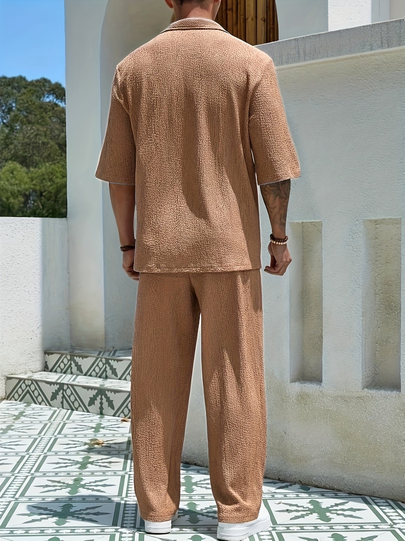 Summer Men's Casual Loose Short Sleeve Long Pants Turnover Collar Two-piece Set