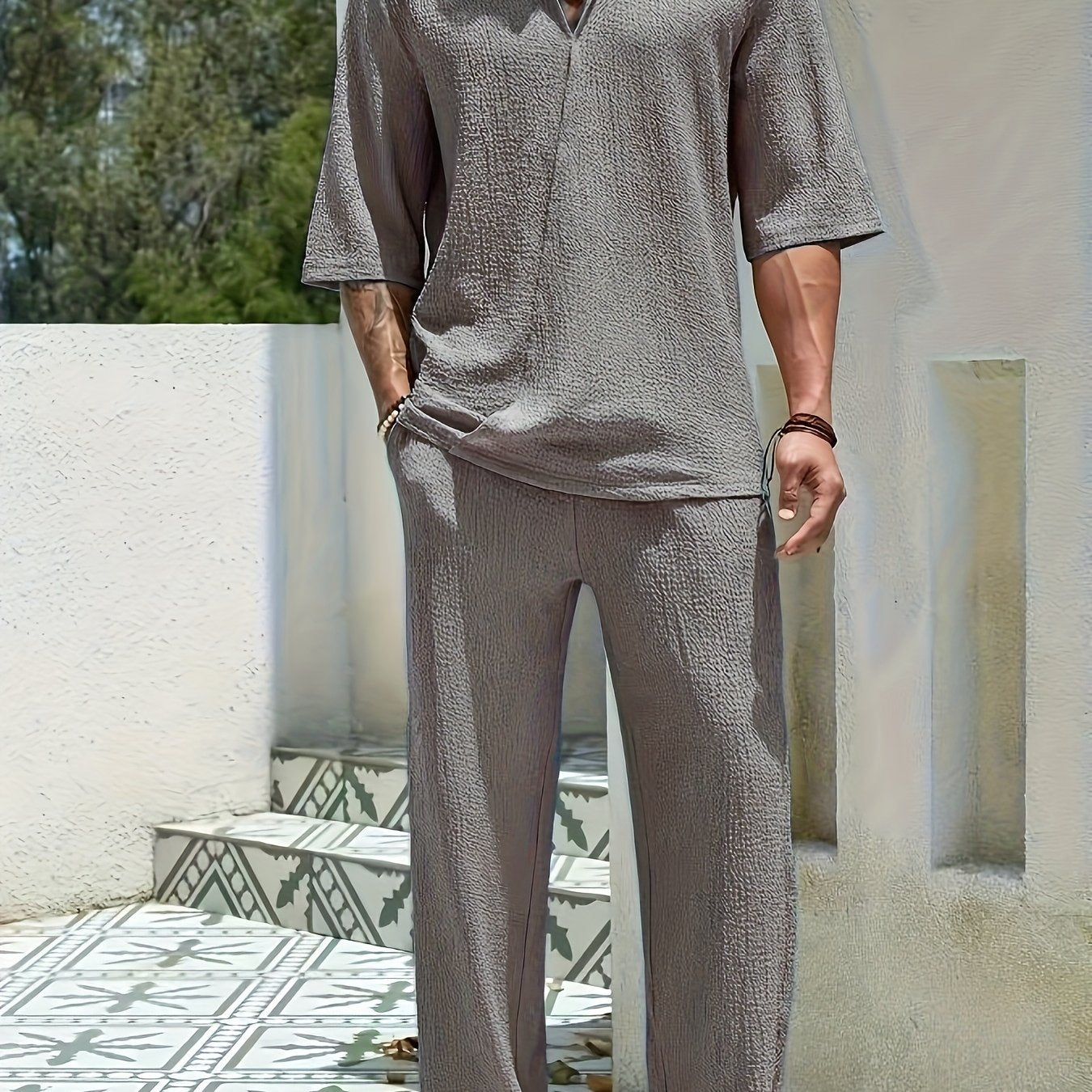 Summer Men's Casual Loose Short Sleeve Long Pants Turnover Collar Two-piece Set