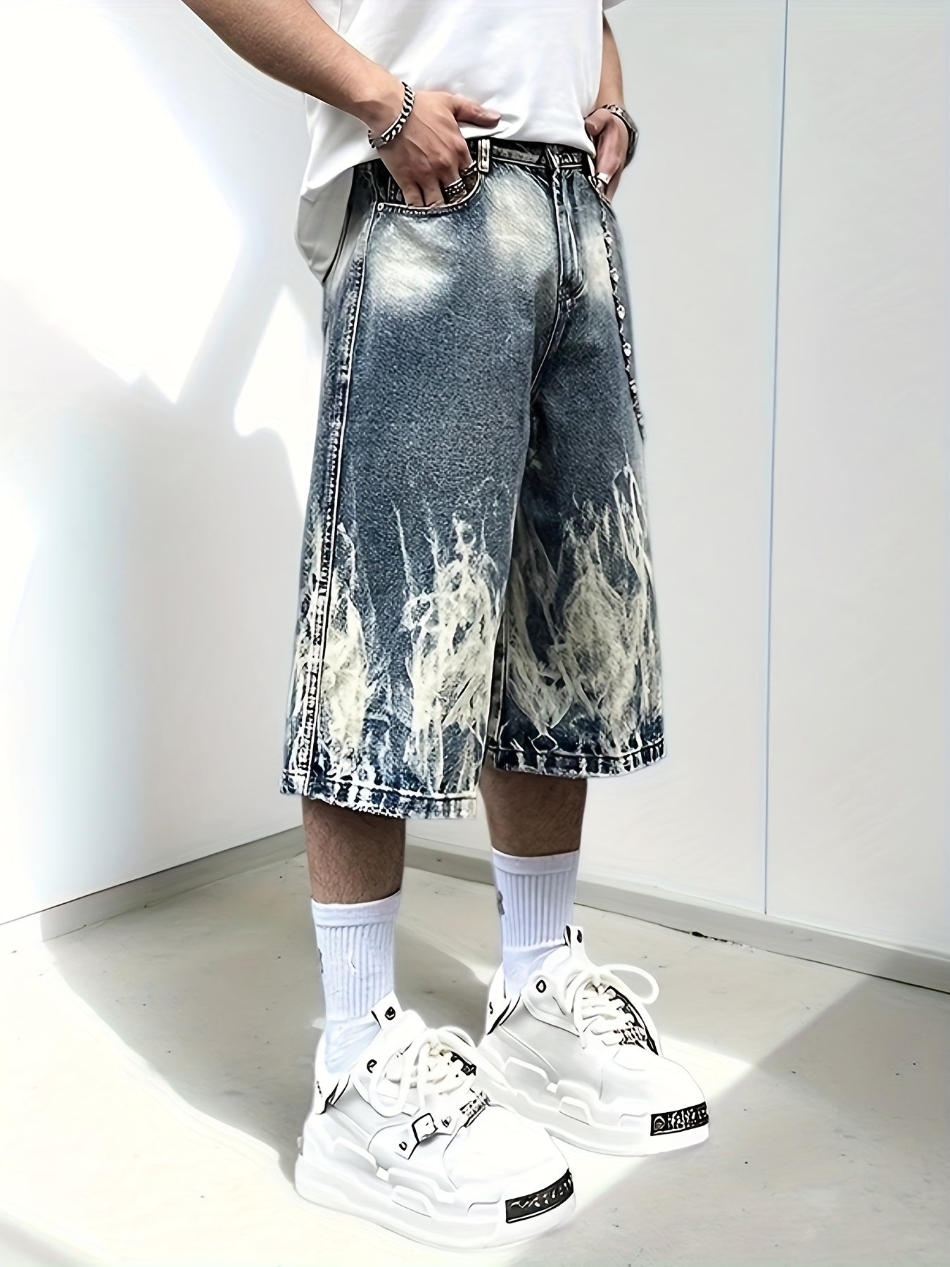 Men'S Punk-Inspired Loose Fit Denim Shorts