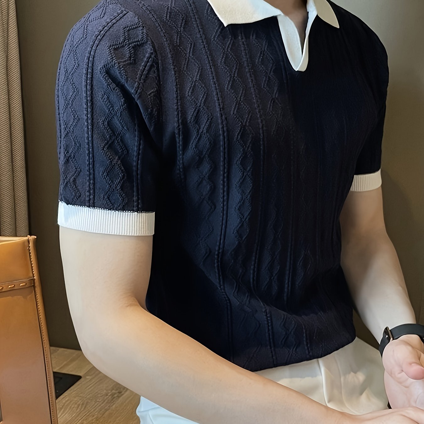 Men's Summer Slim Fit Contrast Collar Short Sleeve Knit Sweater