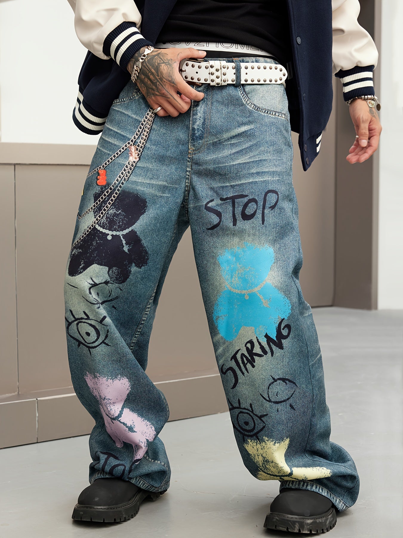 Printed Loose Fit Straight Leg Faux Denim