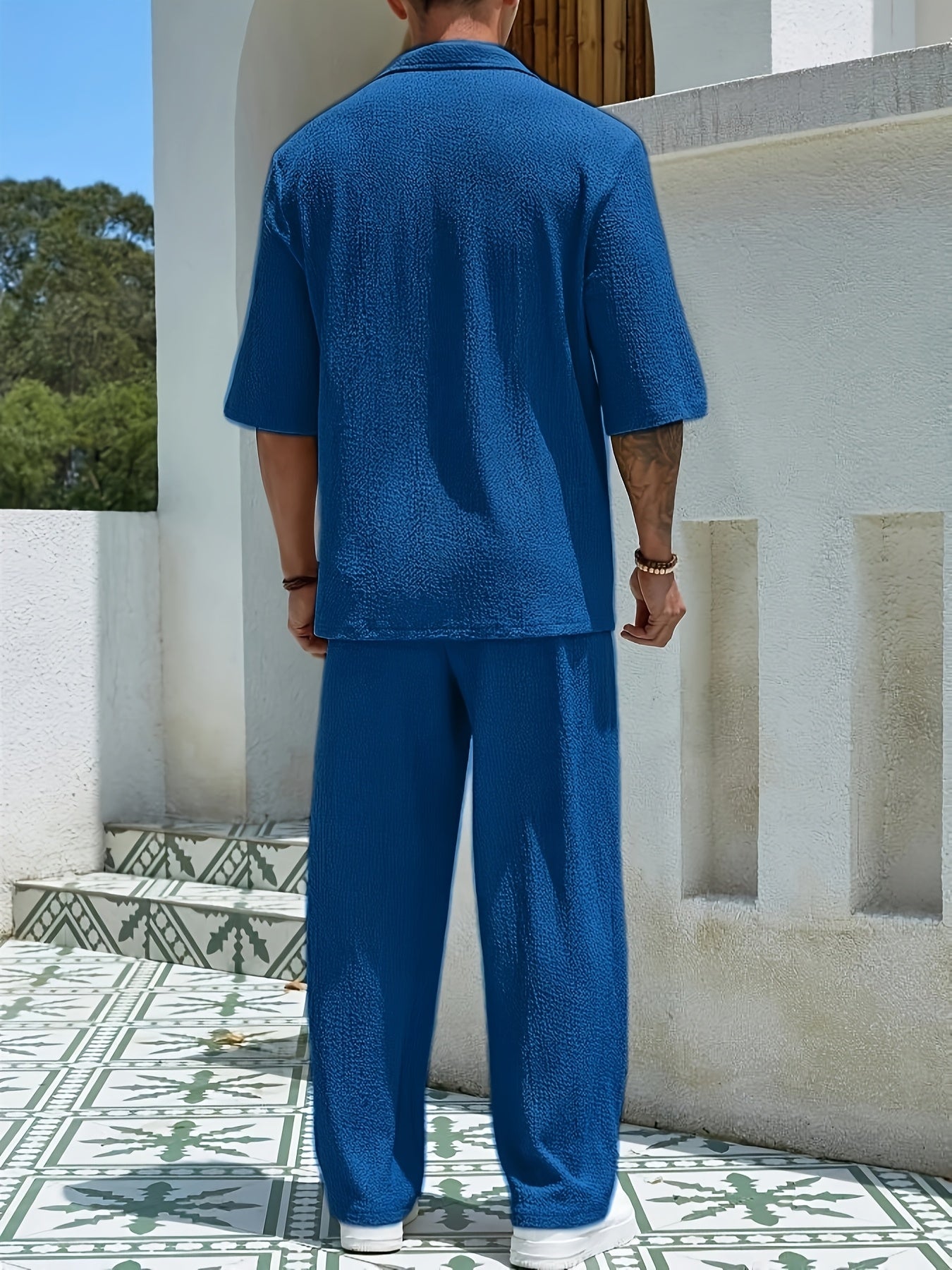 Summer Men's Casual Loose Short Sleeve Long Pants Turnover Collar Two-piece Set