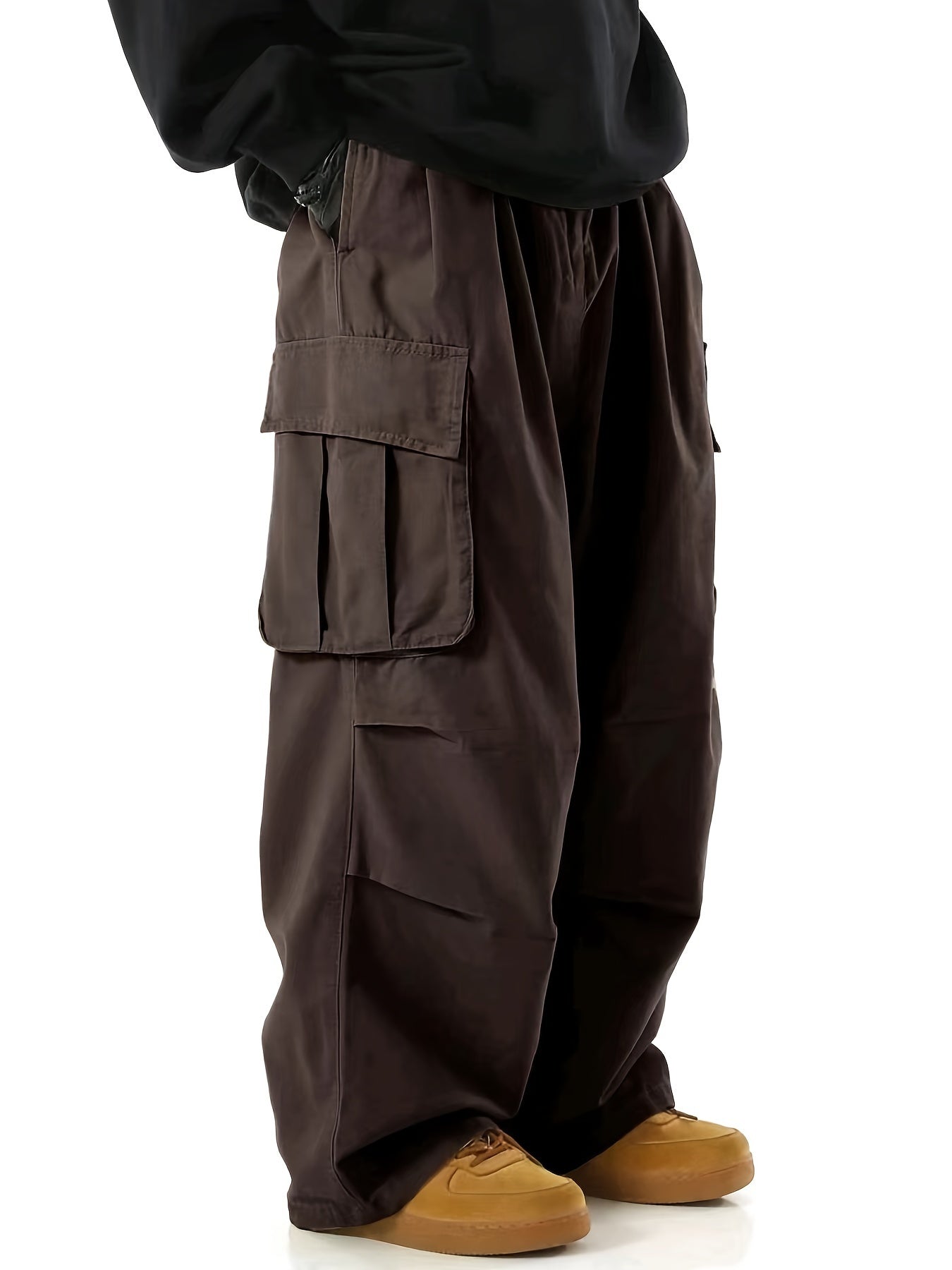 Solid Multi Flap Pockets Men's Straight Leg Cargo Pants