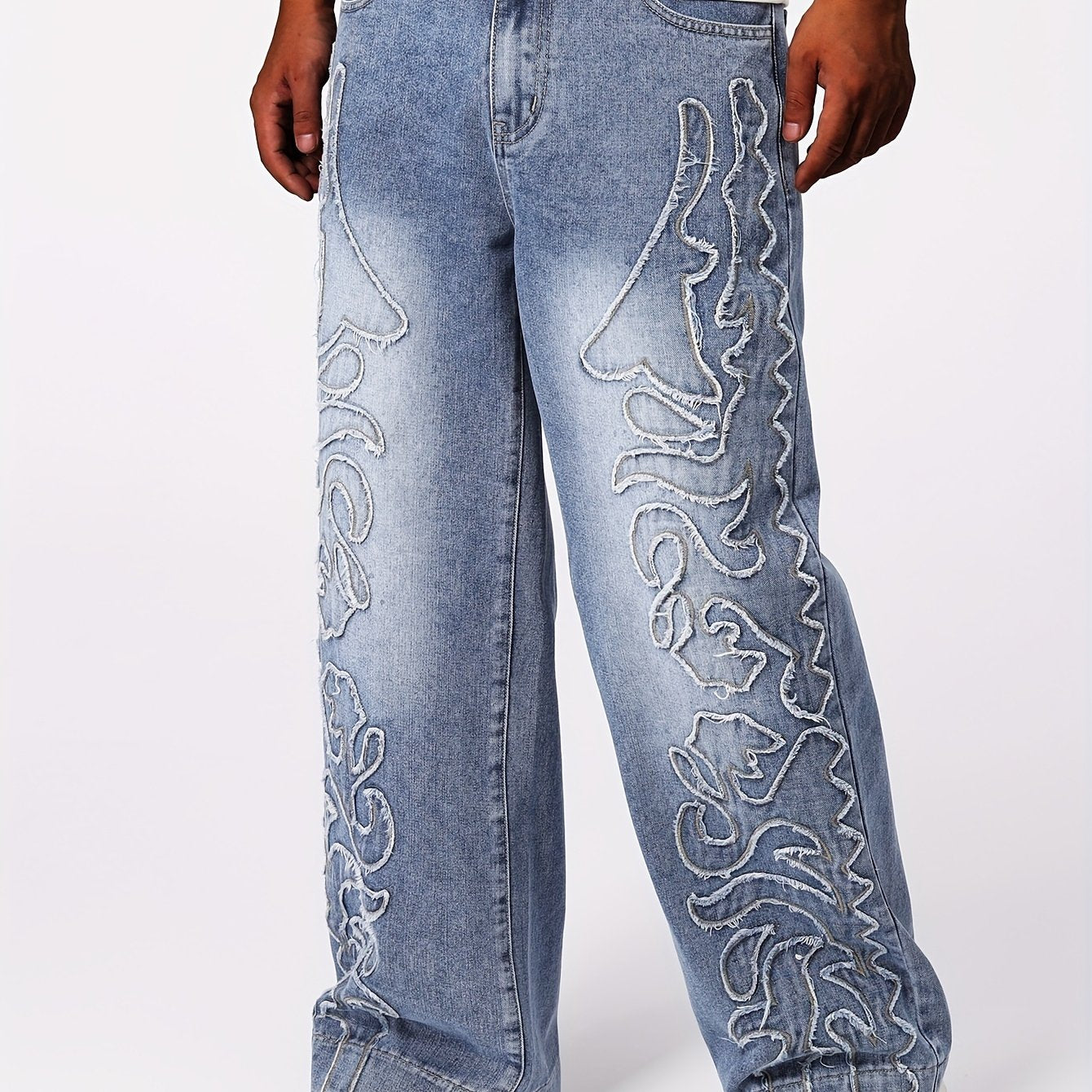 Men's Loose Geometric Embroidery Graphic Print Denim Jeans