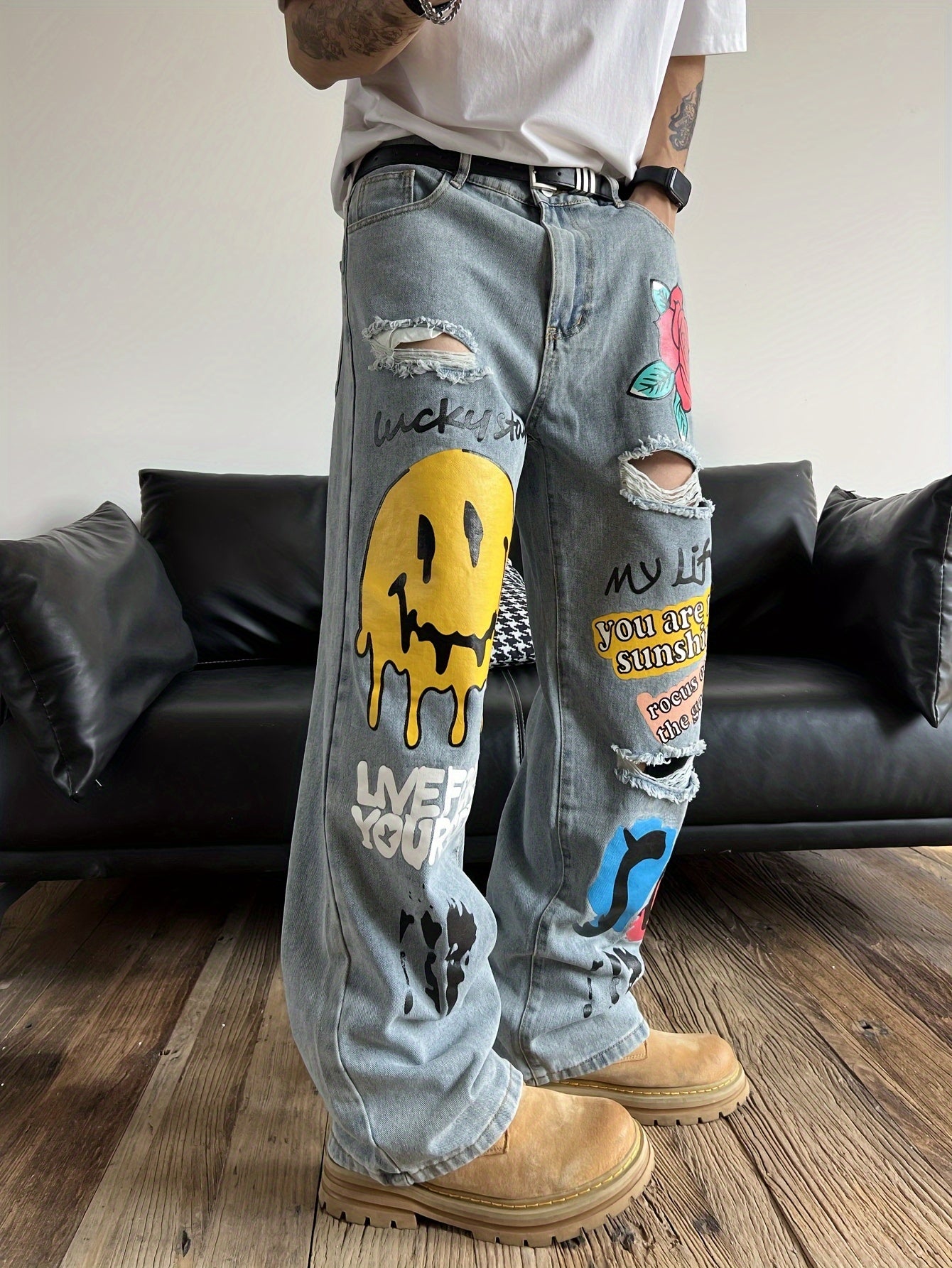 Printed Ripped Jeans
