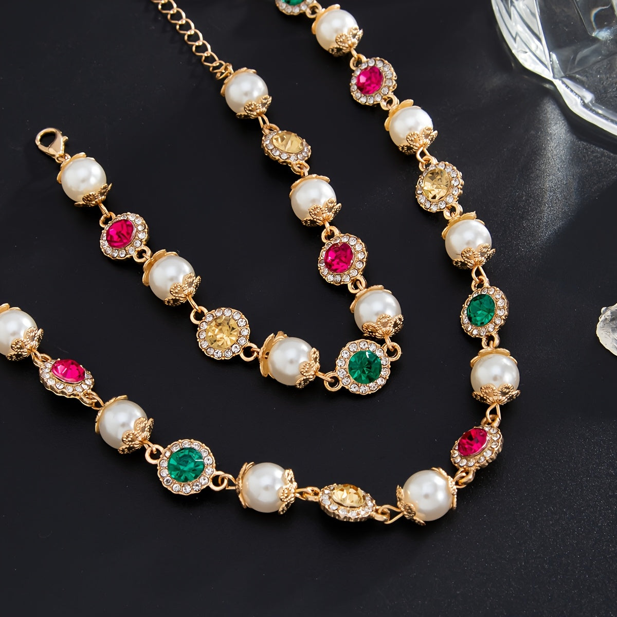 Colored Imitation Pearl Necklace and Bracelet