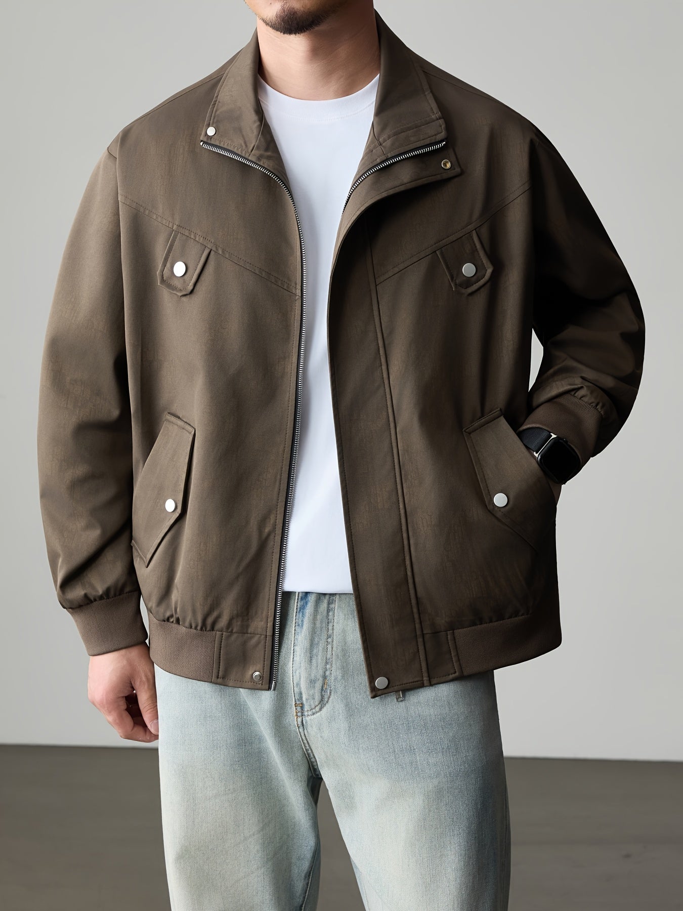 Men's Autumn Letter Print Bomber Jacket with Stand Collar & Zipper Closure