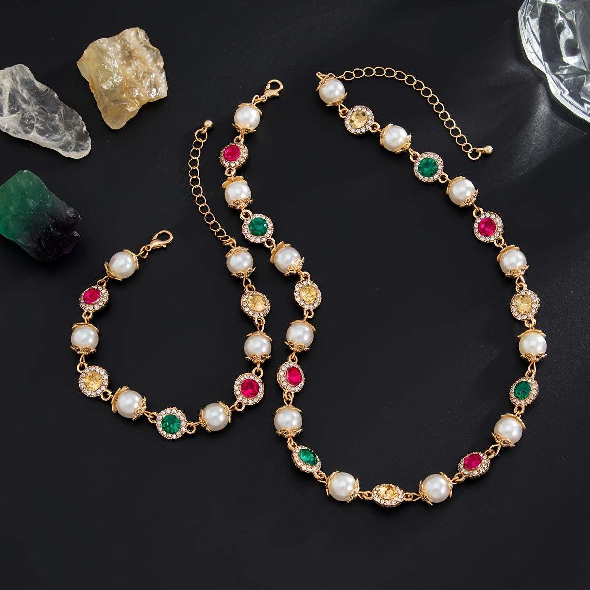 Colored Imitation Pearl Necklace and Bracelet
