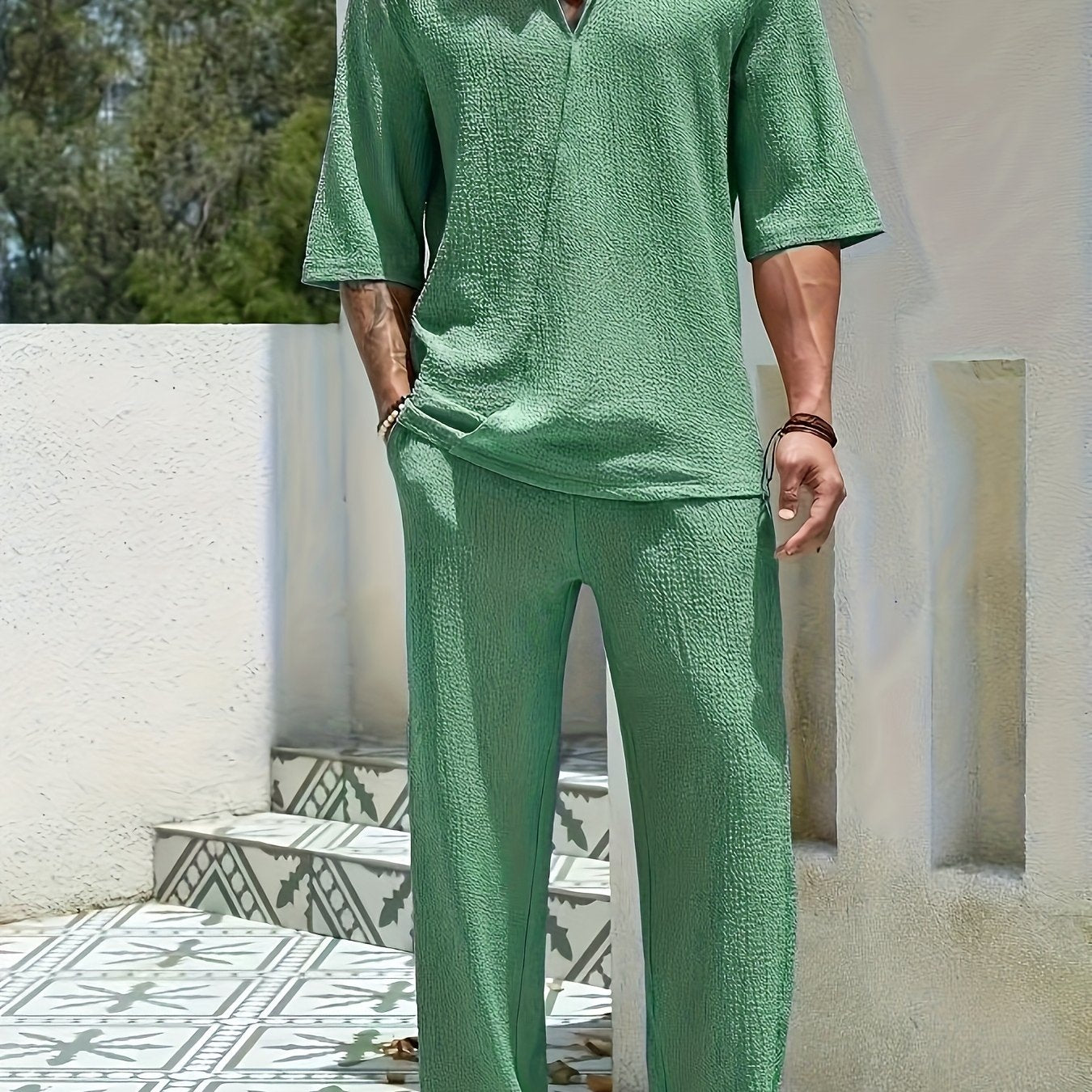 Summer Men's Casual Loose Short Sleeve Long Pants Turnover Collar Two-piece Set