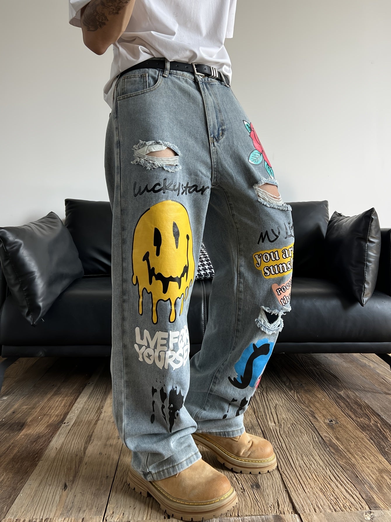 Printed Ripped Jeans