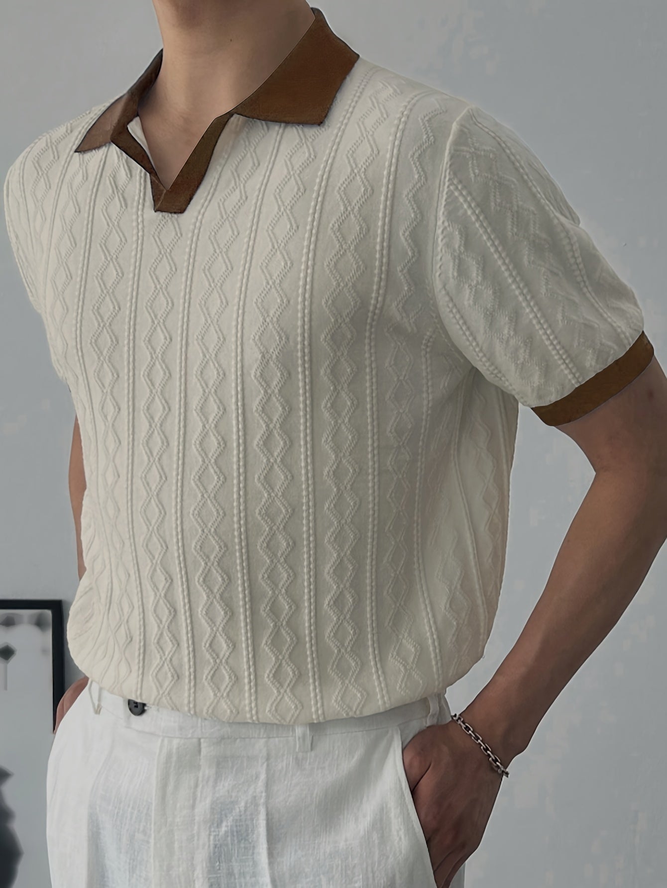 Men's Summer Slim Fit Contrast Collar Short Sleeve Knit Sweater