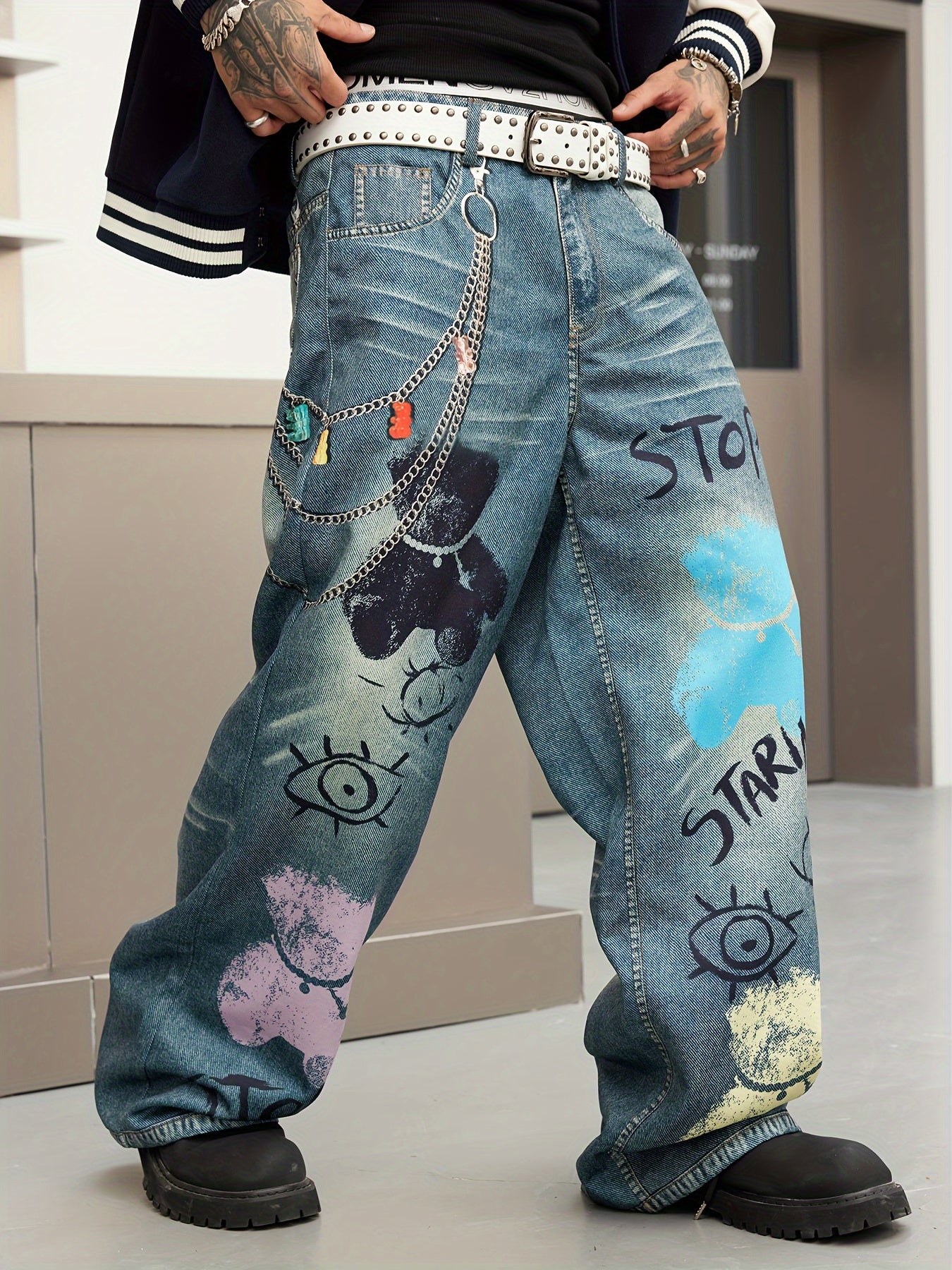 Printed Loose Fit Straight Leg Faux Denim
