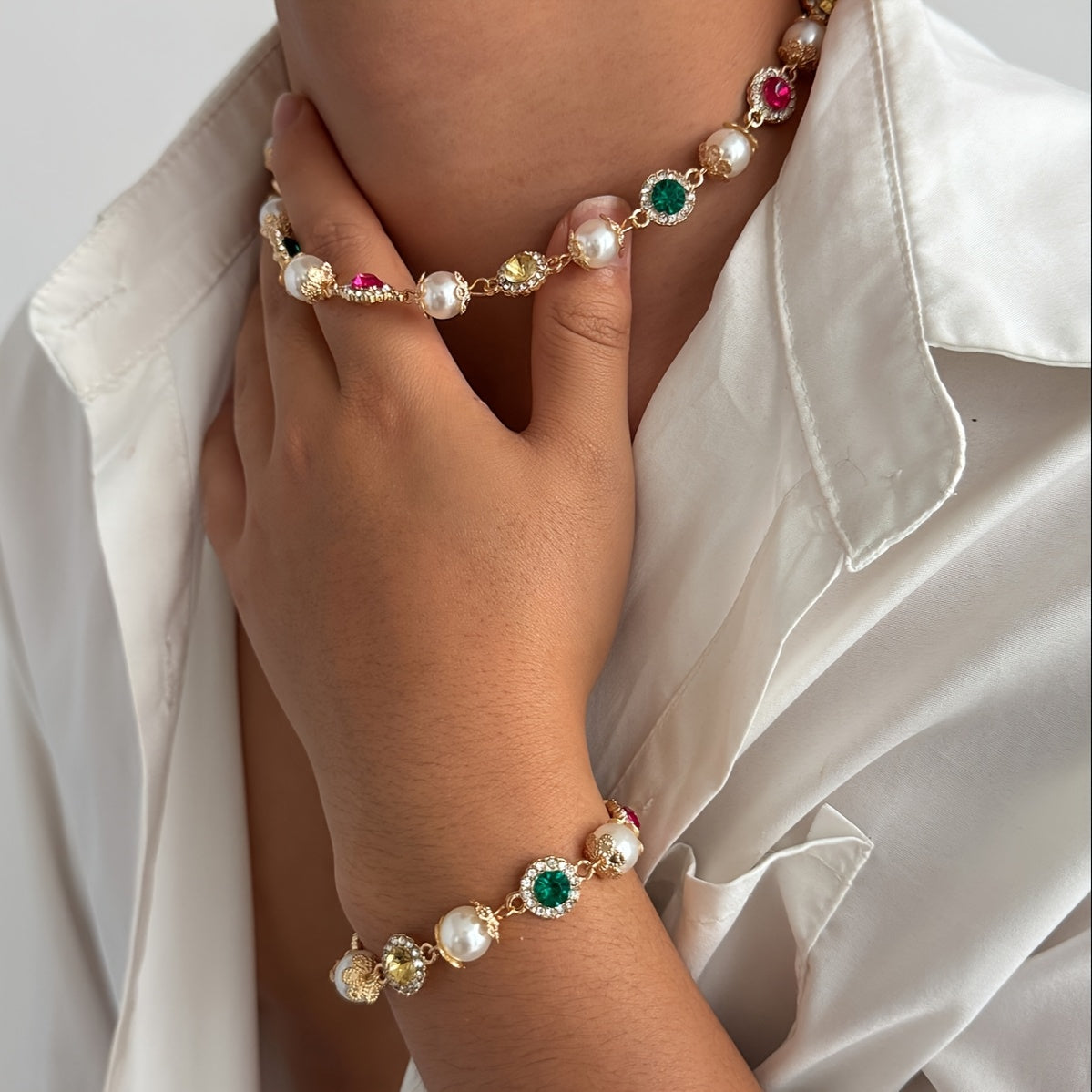 Colored Imitation Pearl Necklace and Bracelet