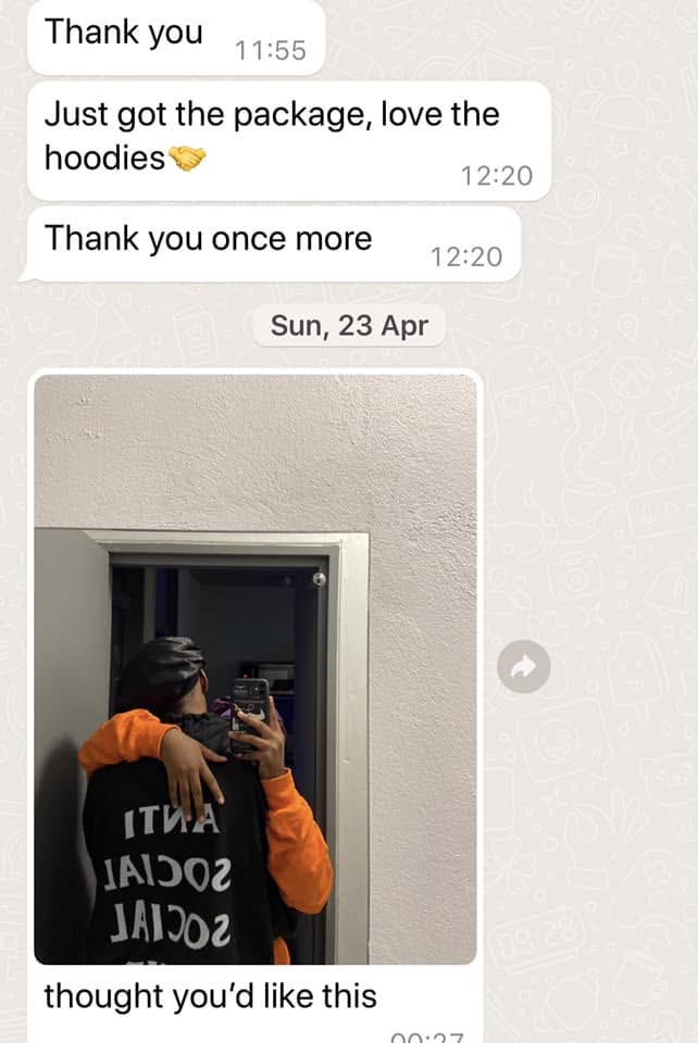 Just got the package, love the hoodies 🤝 Thank you once more