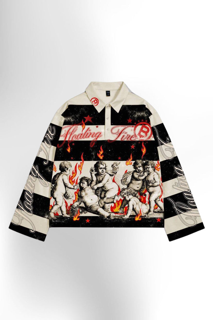 Men's Street Graphic Print Striped Polo Collar Long Sleeve T-Shirt