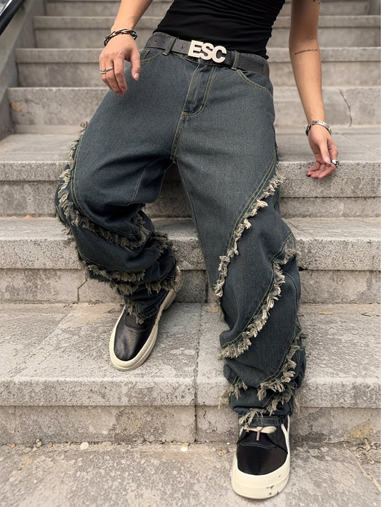 Men'S Street Style Denim Jeans with Frayed Hem