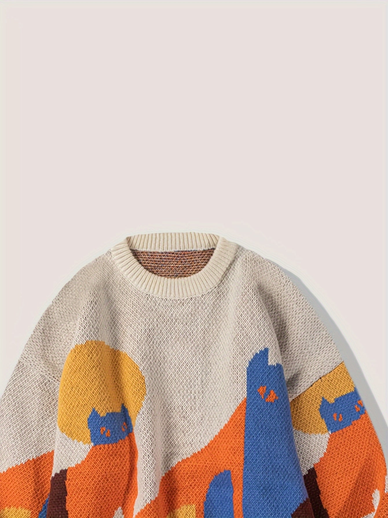 Casual Cat Pattern Knitted Crew Neck Sweater
