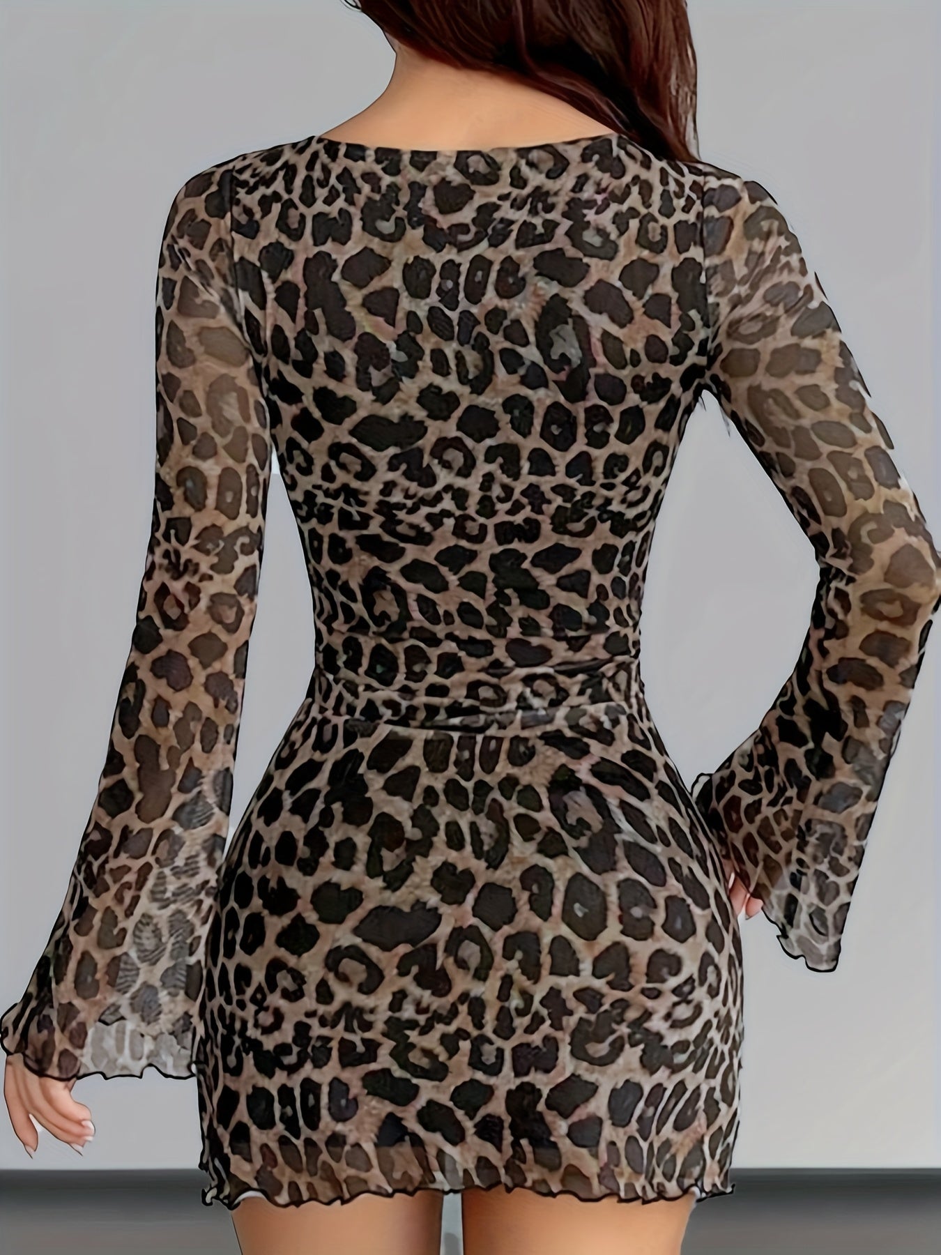 Leopard Print Mesh Long Sleeve Dress