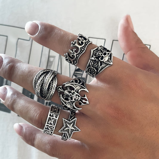 Set Of 6 Punk Skull Rings
