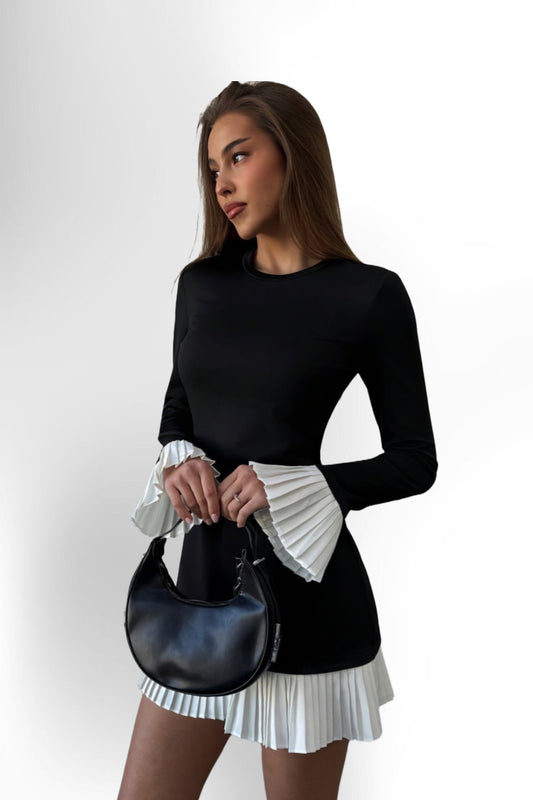 Women's Elegant A-Line Dress with Long Ruffled Sleeves & Pleated Hem