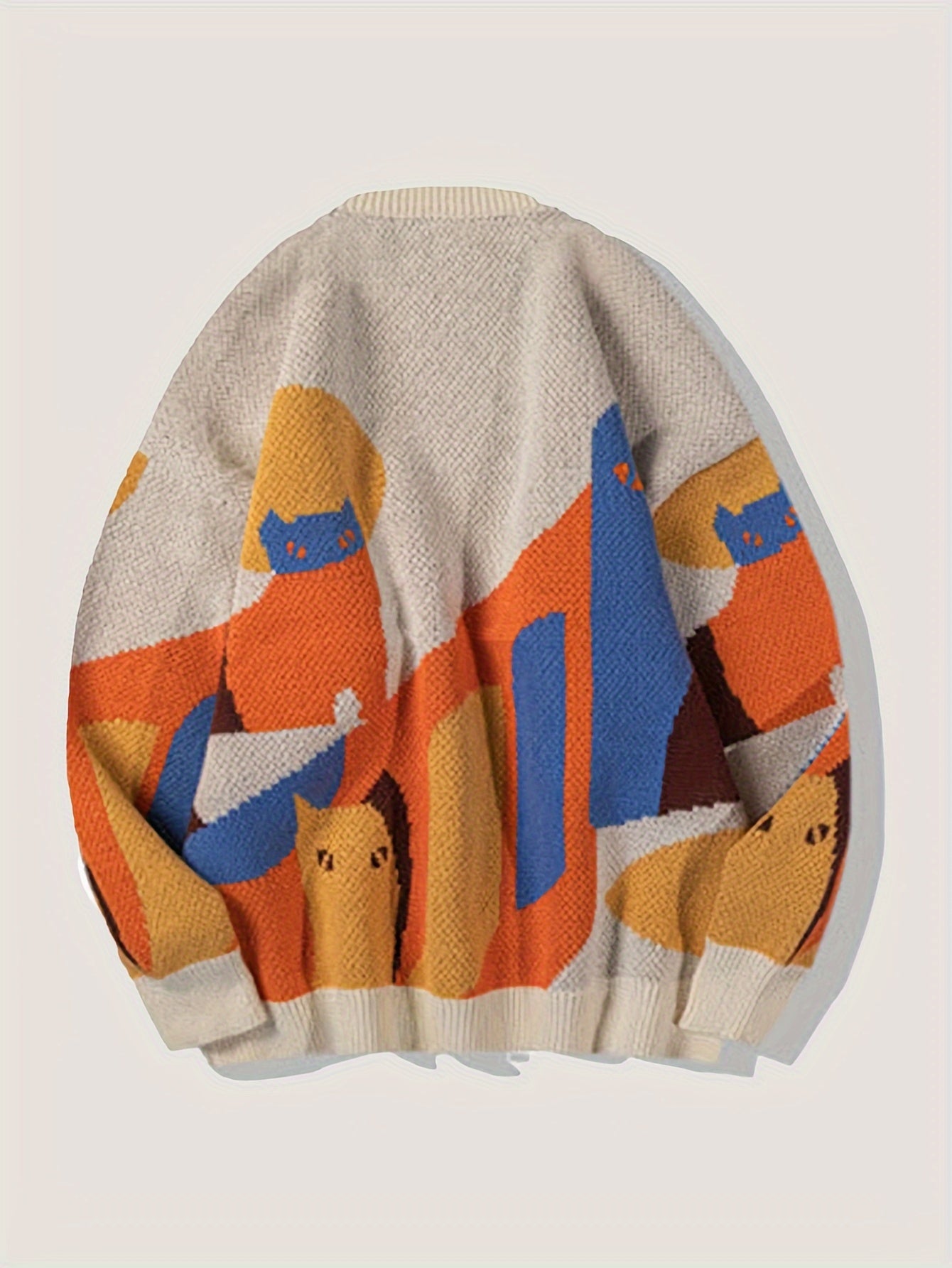 Casual Cat Pattern Knitted Crew Neck Sweater