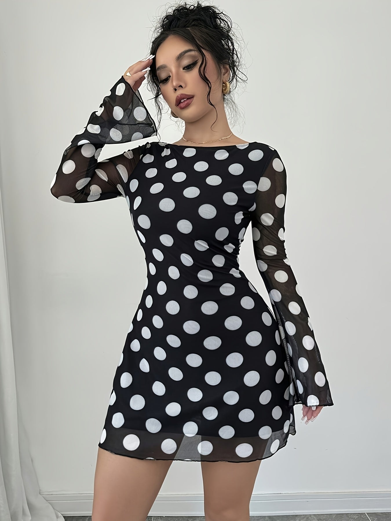 Women's Elegant Black & White Polka Dot Backless Mesh Mini Dress