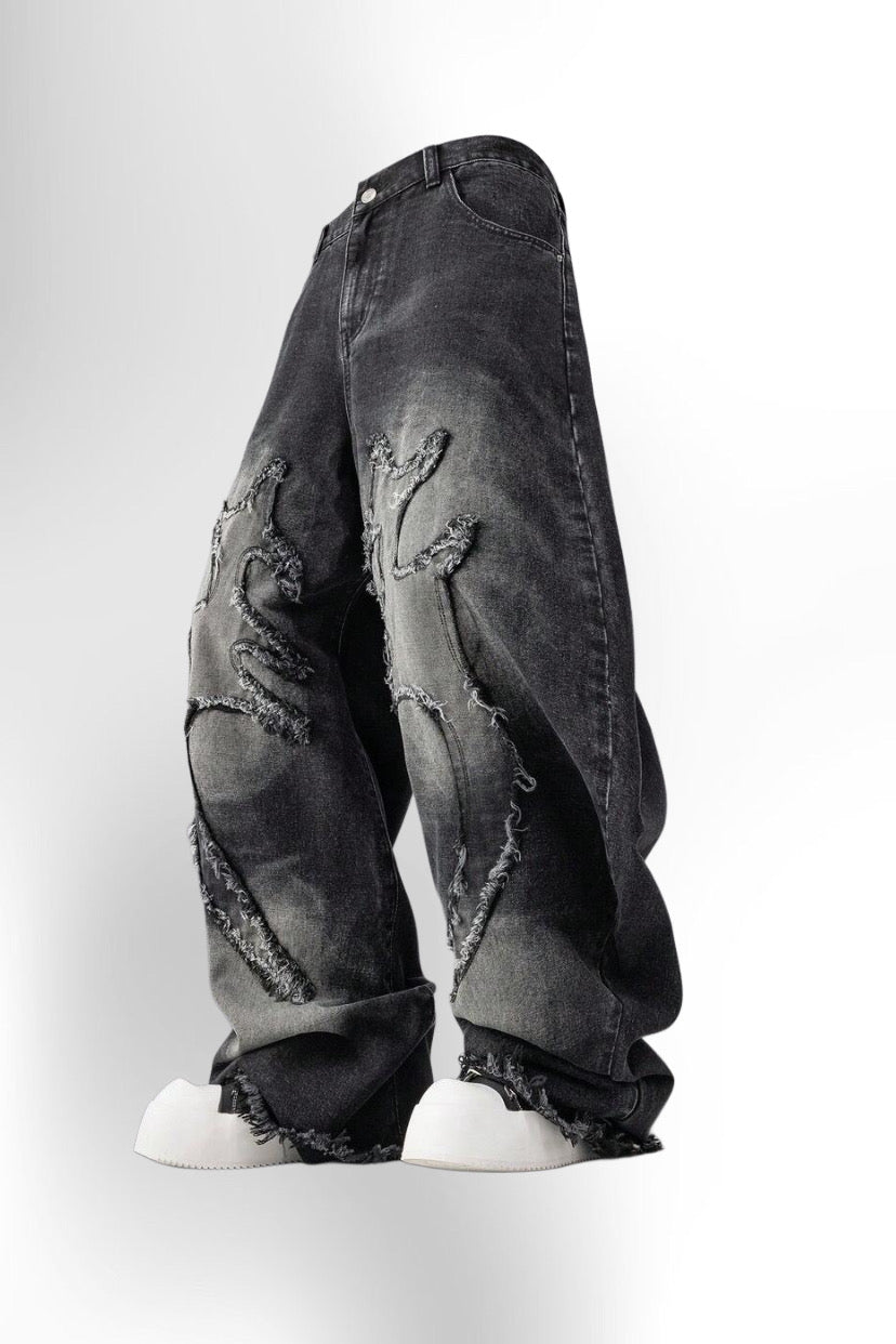 MEN Frayed Hem High Street Embroidered Washed Loose Barrel Leg Jeans
