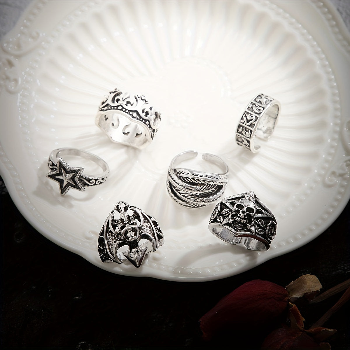 Set Of 6 Punk Skull Rings