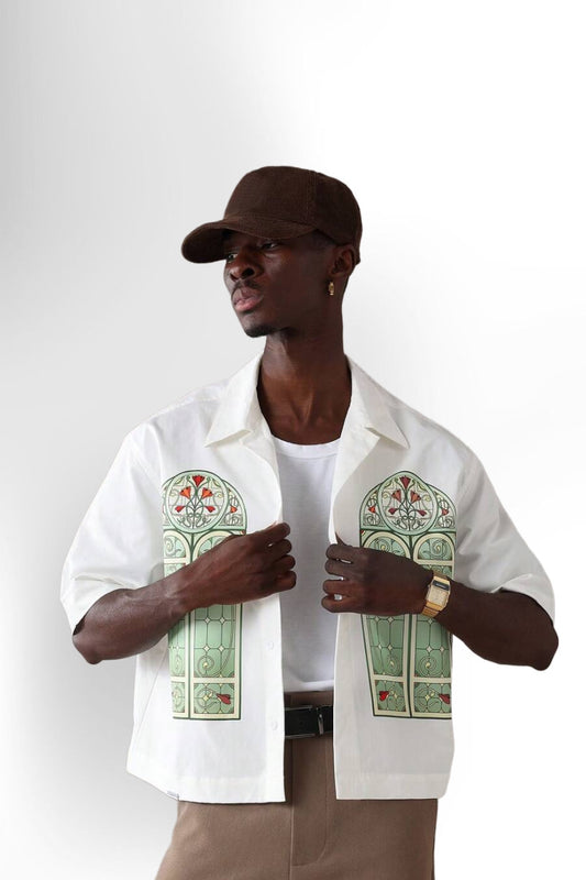 Premium Church Window Graphic Print Short Sleeve Button Down Bowling Shirt