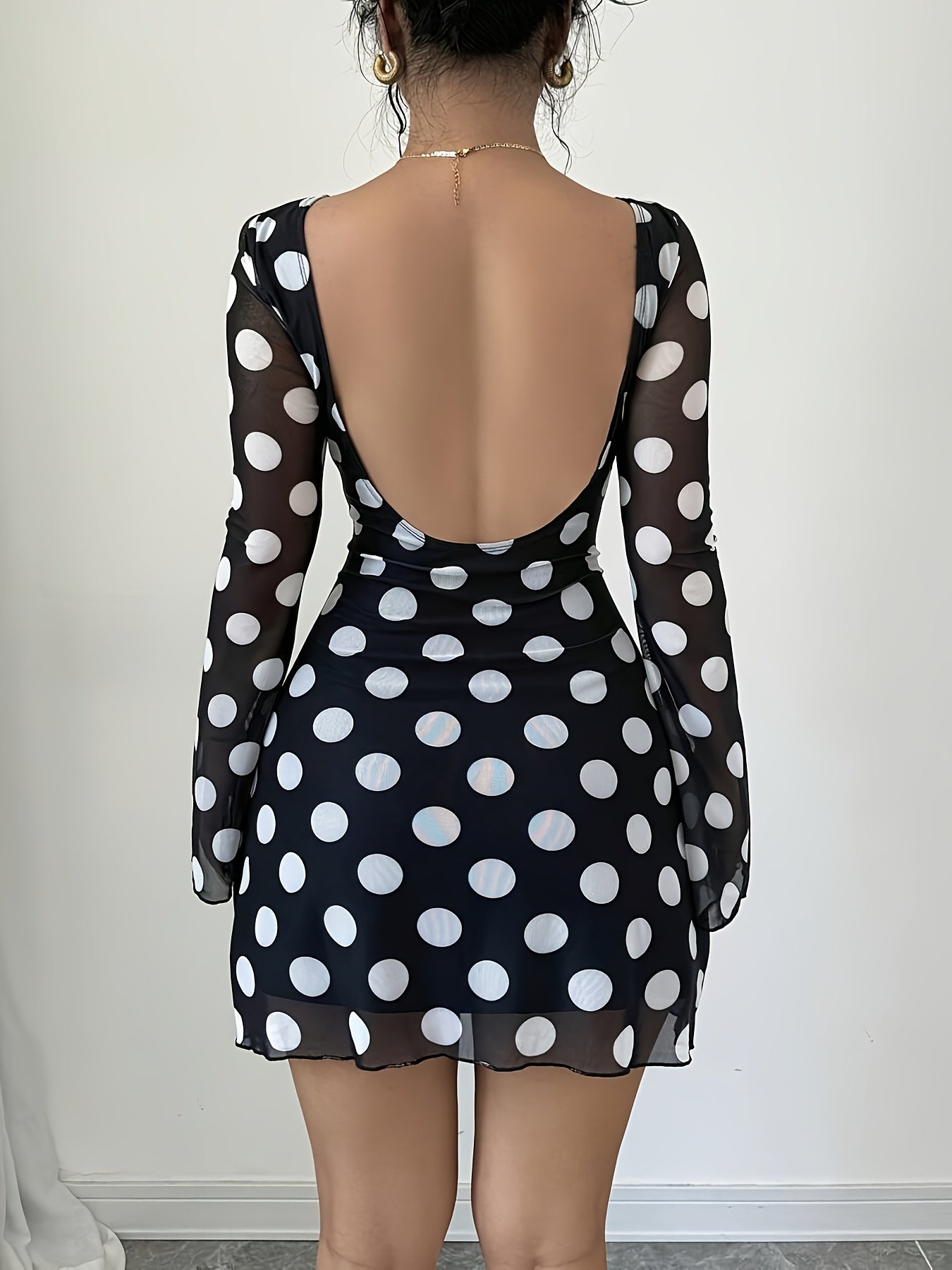 Women's Elegant Black & White Polka Dot Backless Mesh Mini Dress