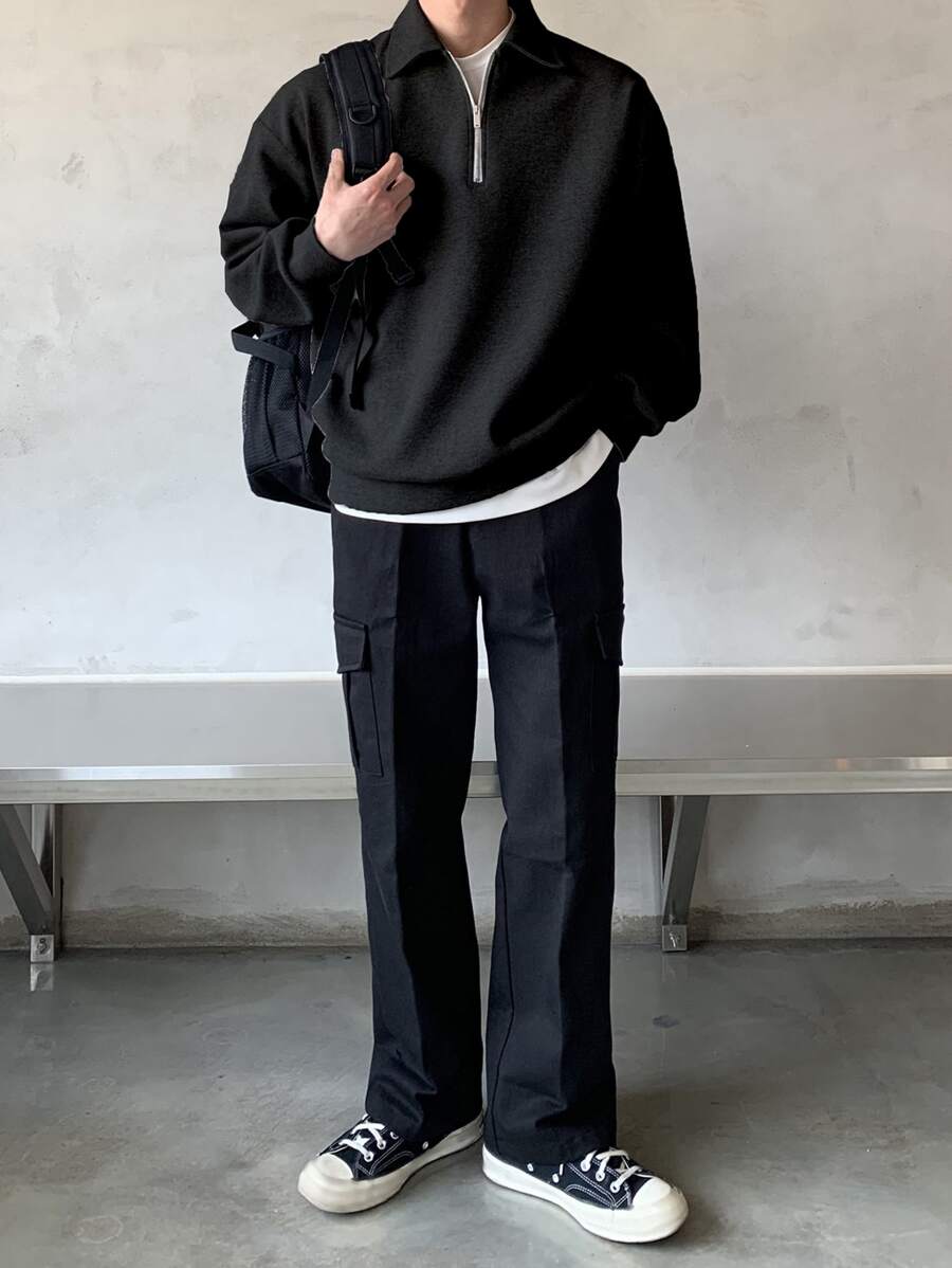 Men Quarter Zipper Drop Shoulder Pullover