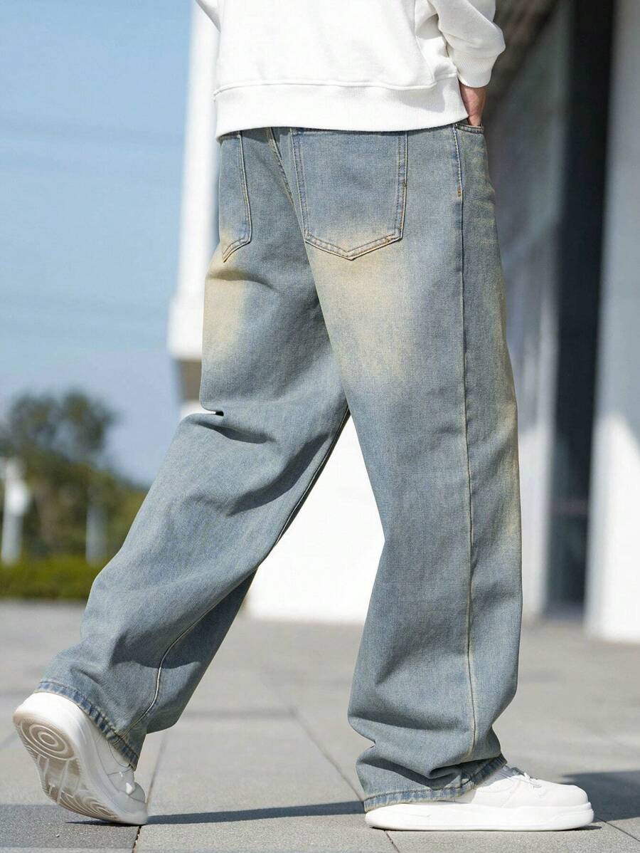 Men's Whiskered Slanted Pocket Denim Baggy Jeans