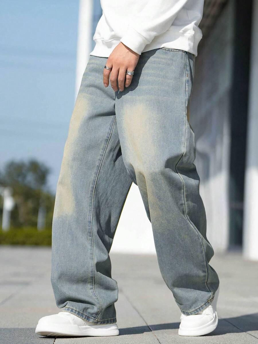 Men's Whiskered Slanted Pocket Denim Baggy Jeans