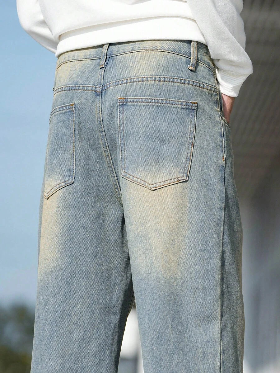 Men's Whiskered Slanted Pocket Denim Baggy Jeans
