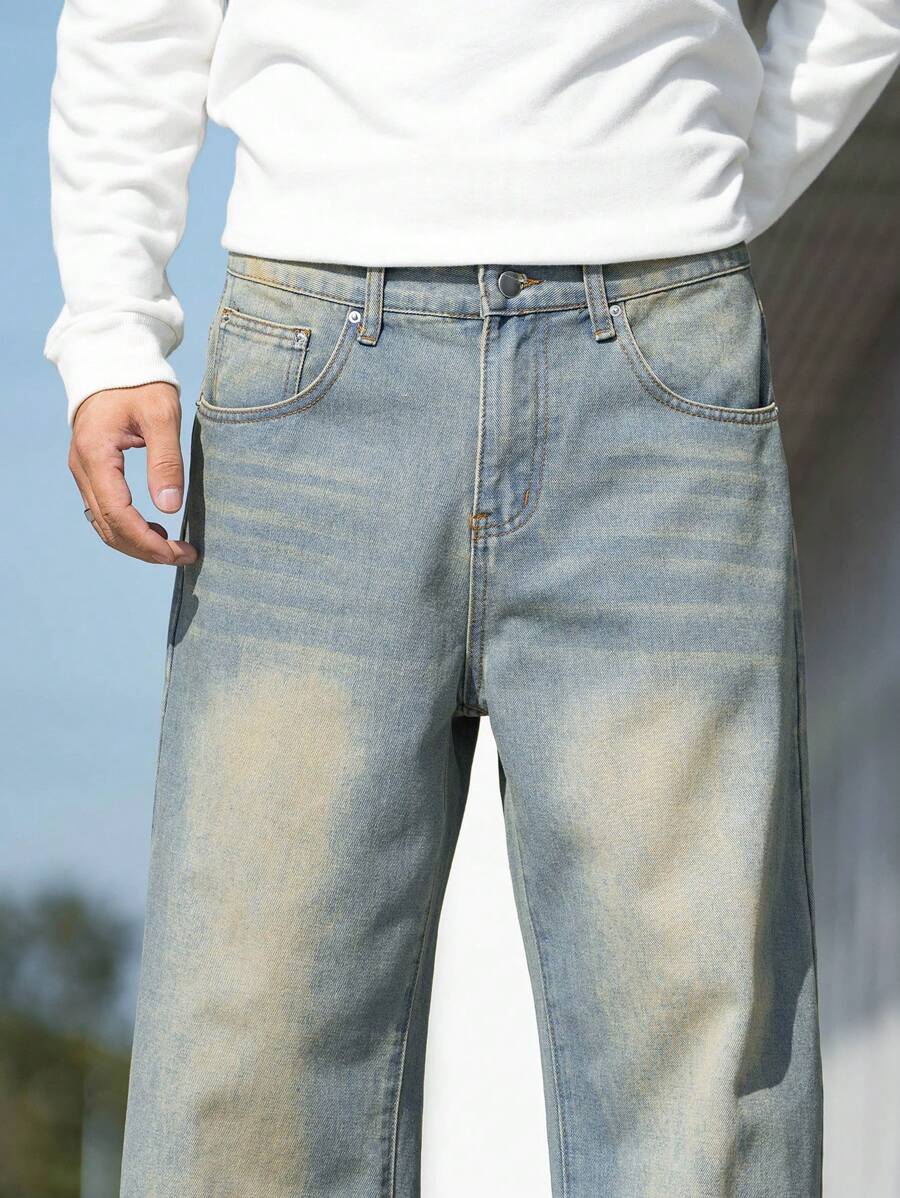 Men's Whiskered Slanted Pocket Denim Baggy Jeans
