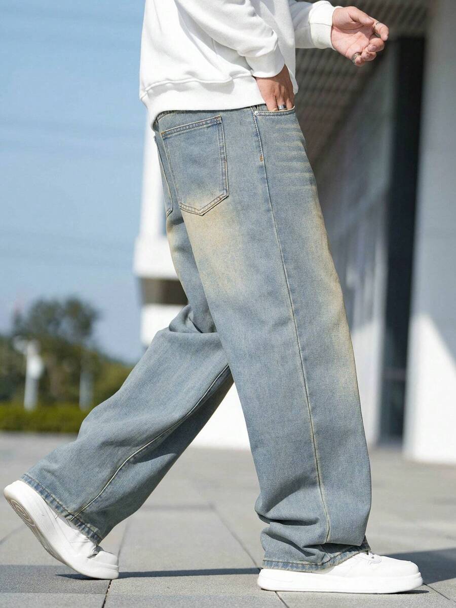 Men's Whiskered Slanted Pocket Denim Baggy Jeans