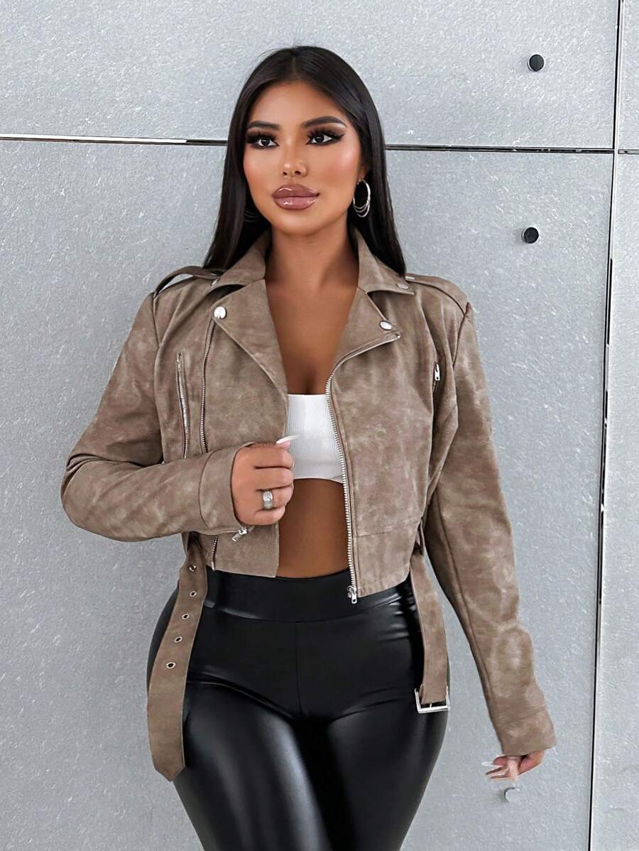 Women's Retro Collar Zipper Waist Belt Leather Short Jacket