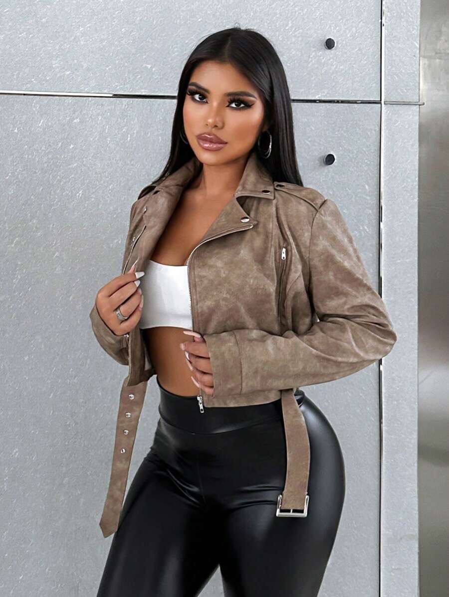 Women's Retro Collar Zipper Waist Belt Leather Short Jacket