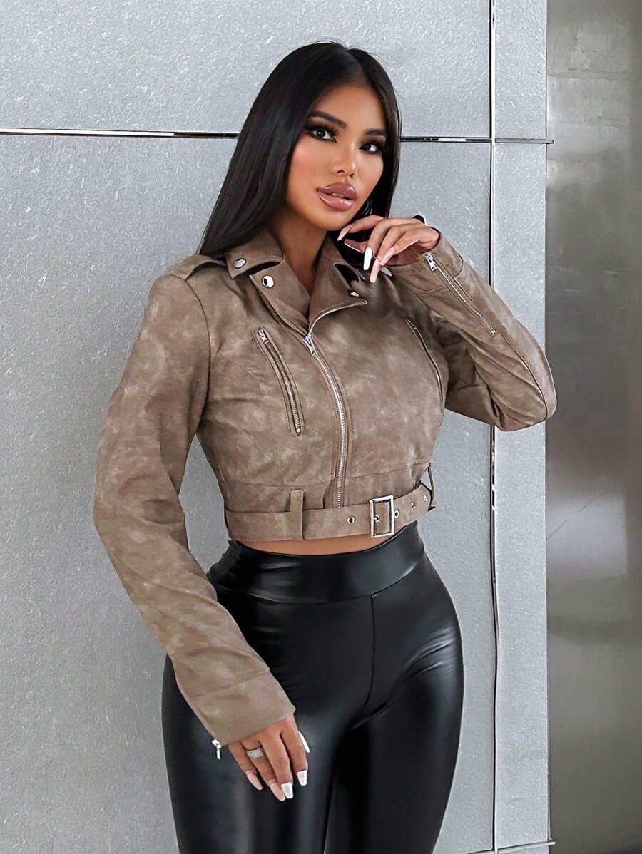 Women's Retro Collar Zipper Waist Belt Leather Short Jacket
